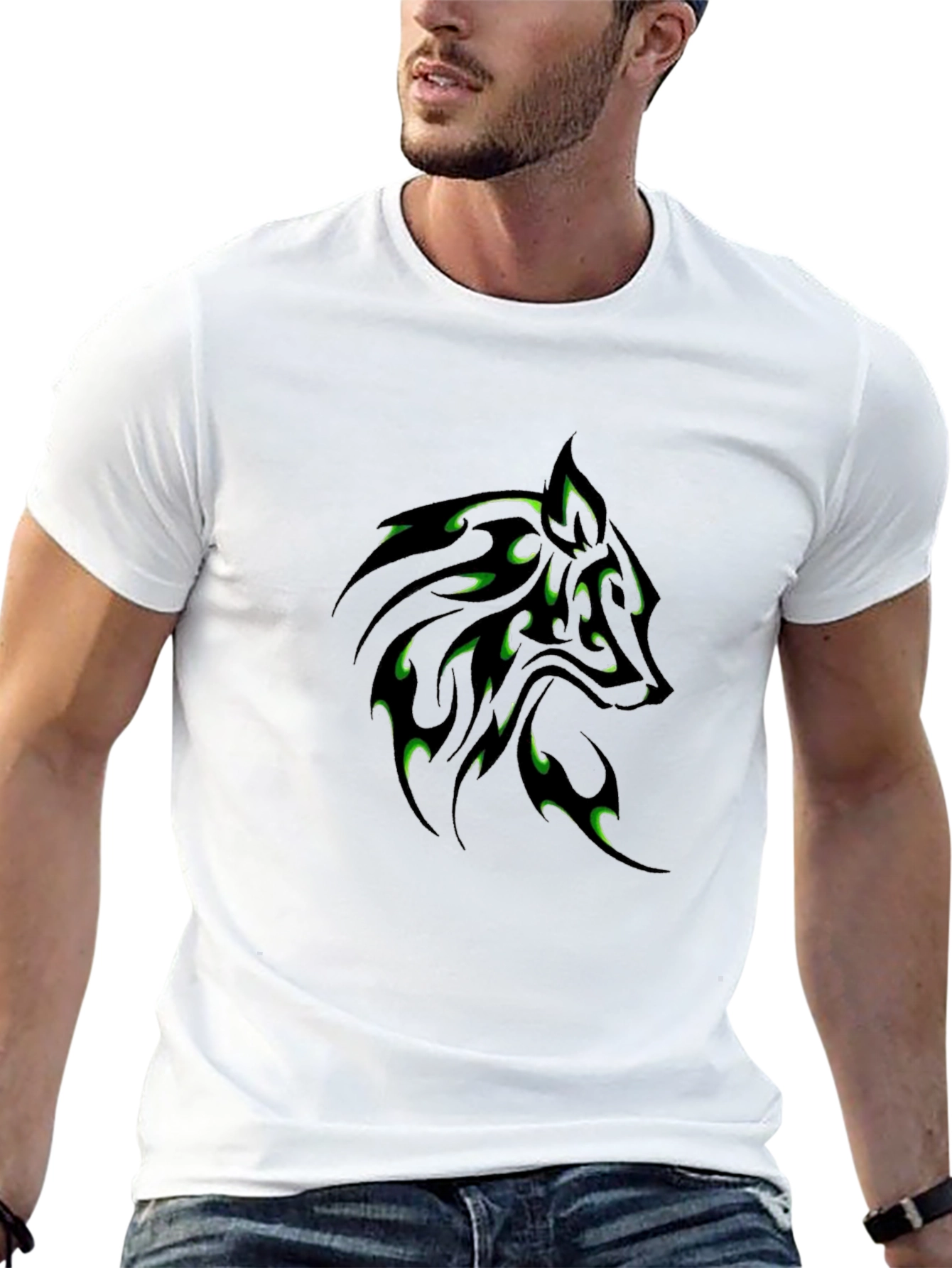 Black T-Shirt with Green Wolf Tribal Design