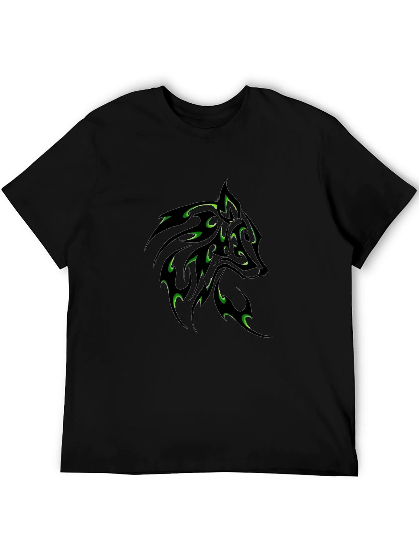 Black T-Shirt with Green Wolf Tribal Design
