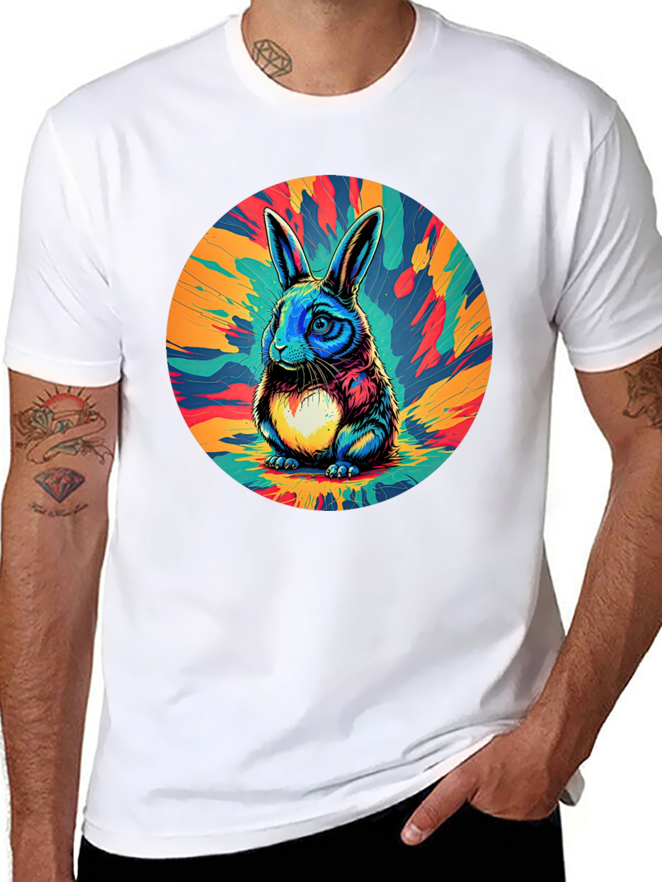 Psychedelic Rabbit Graphic Tee - Stylish Black T-Shirt