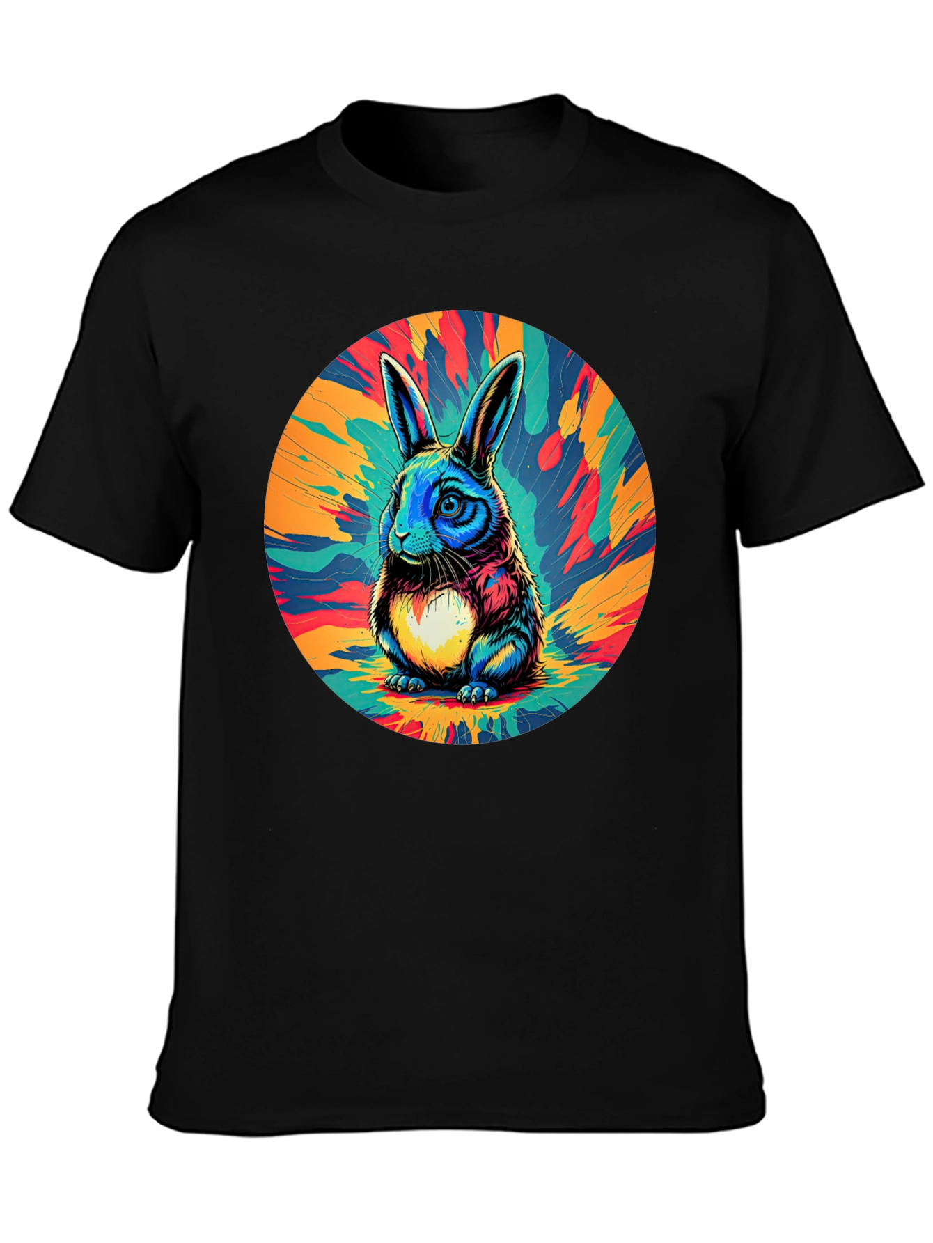 Psychedelic Rabbit Graphic Tee - Stylish Black T-Shirt