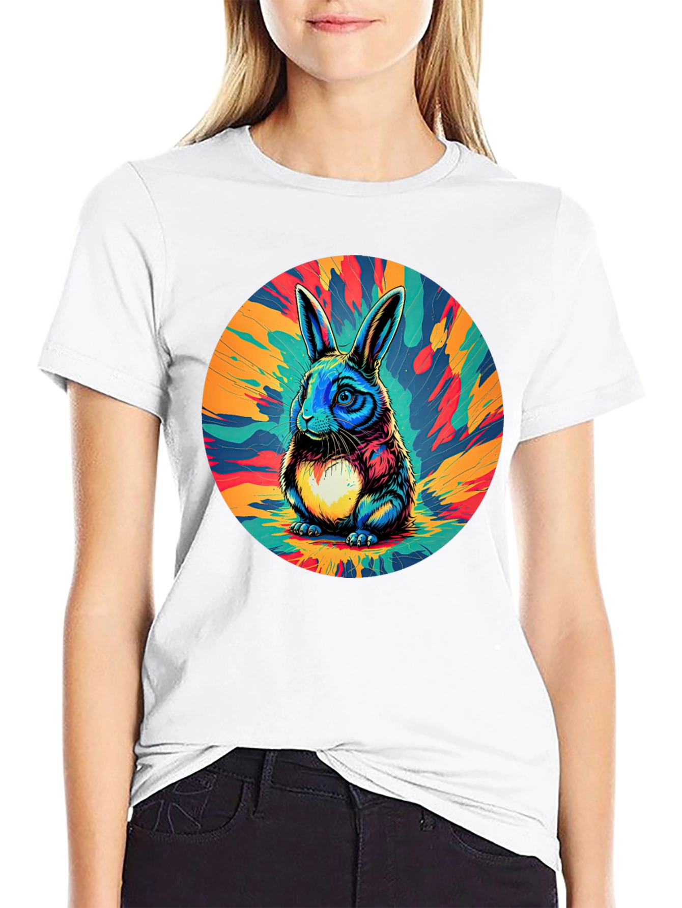 Psychedelic Rabbit Graphic Tee - Stylish Black T-Shirt