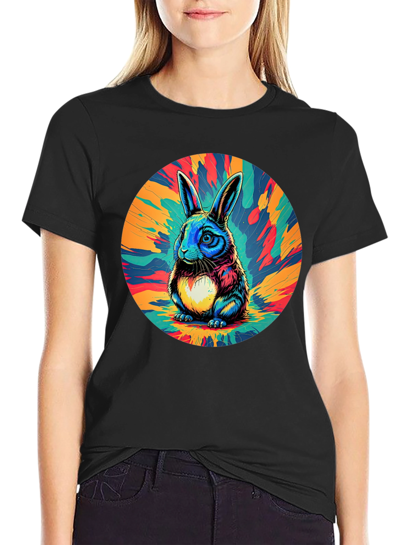 Psychedelic Rabbit Graphic Tee - Stylish Black T-Shirt