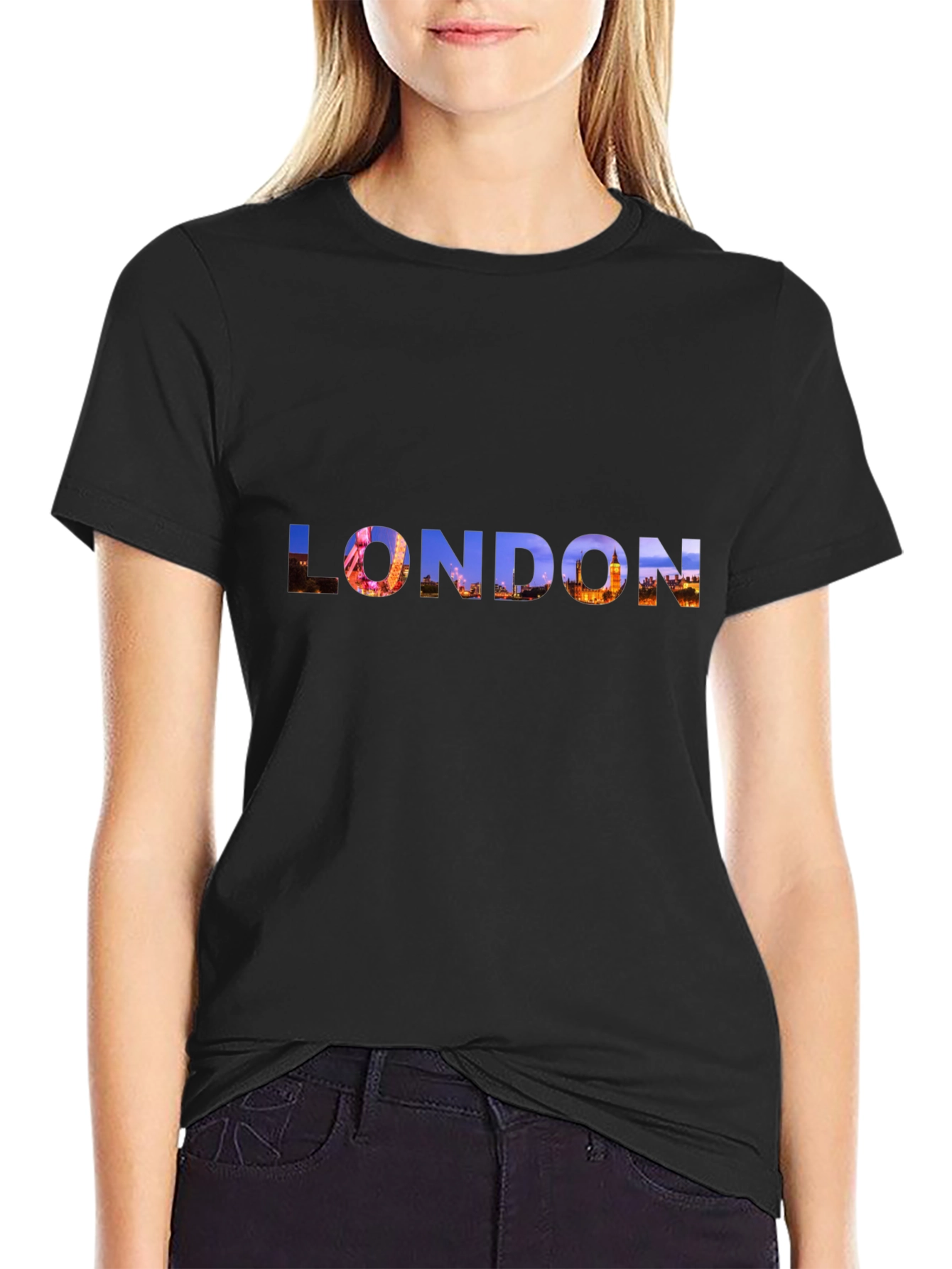 London Skyline Graphic Tee - Black Cotton T-Shirt
