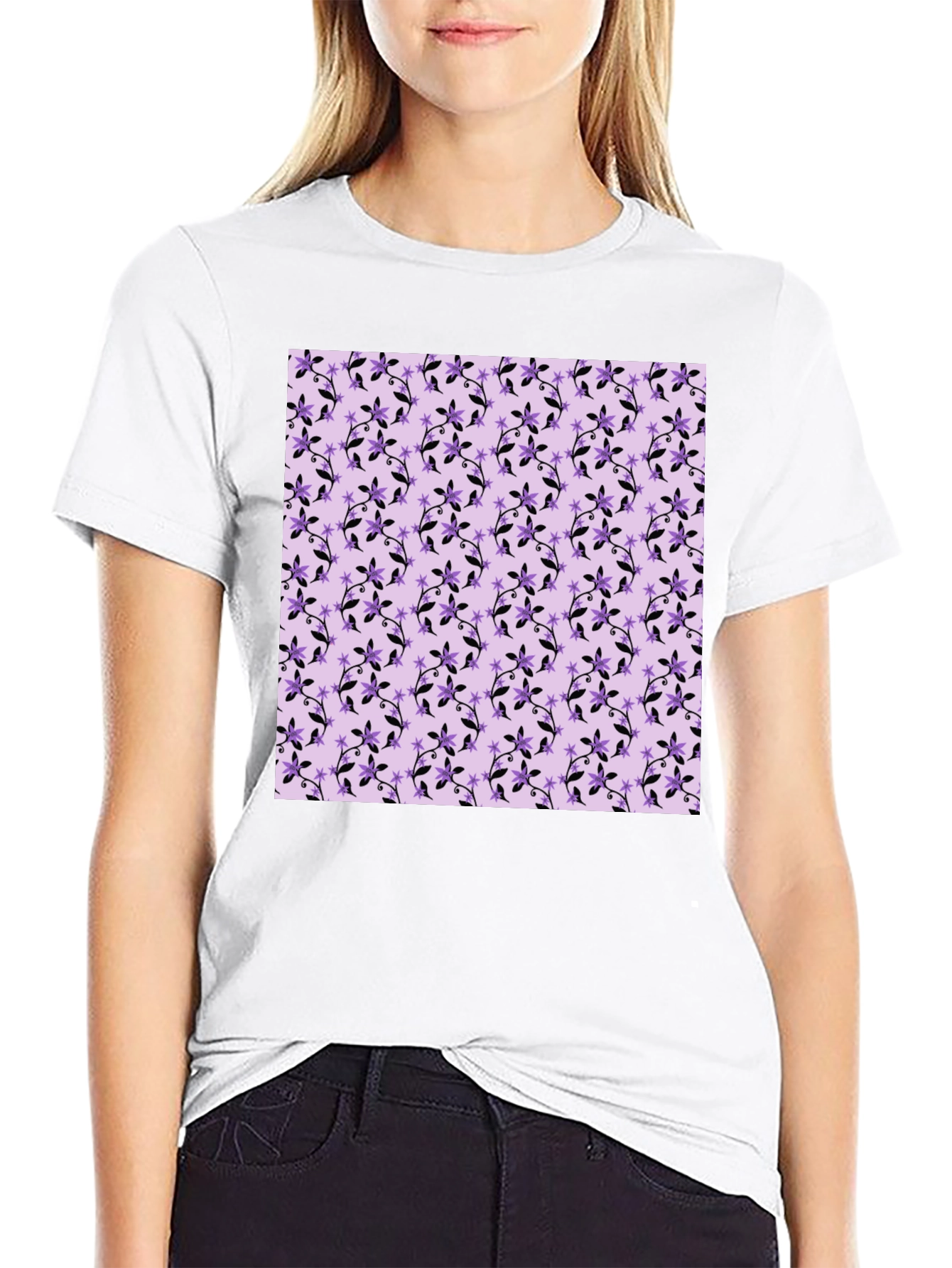 Floral Print Tee - Black Cotton Casual