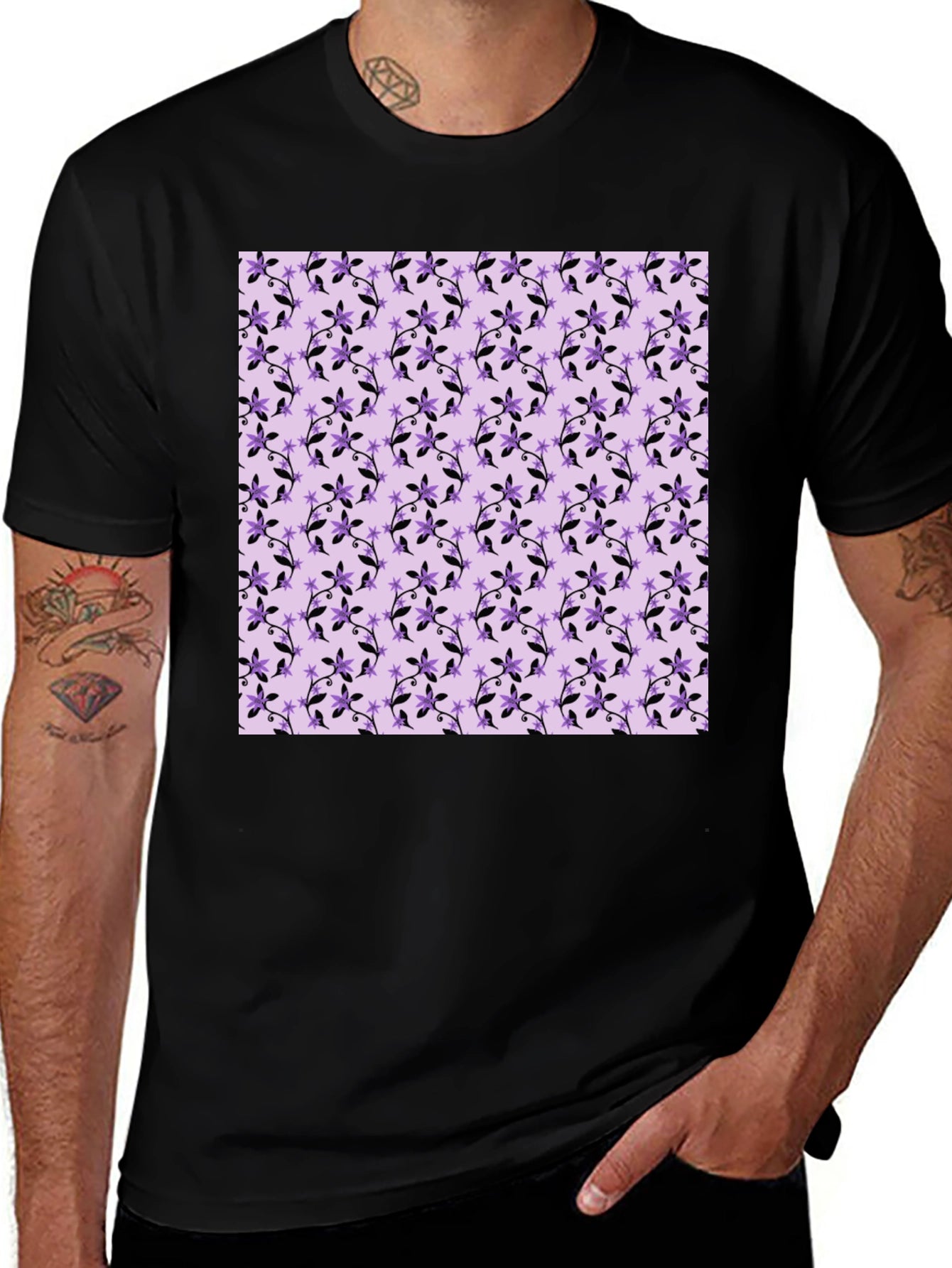 Floral Print Tee - Black Cotton Casual