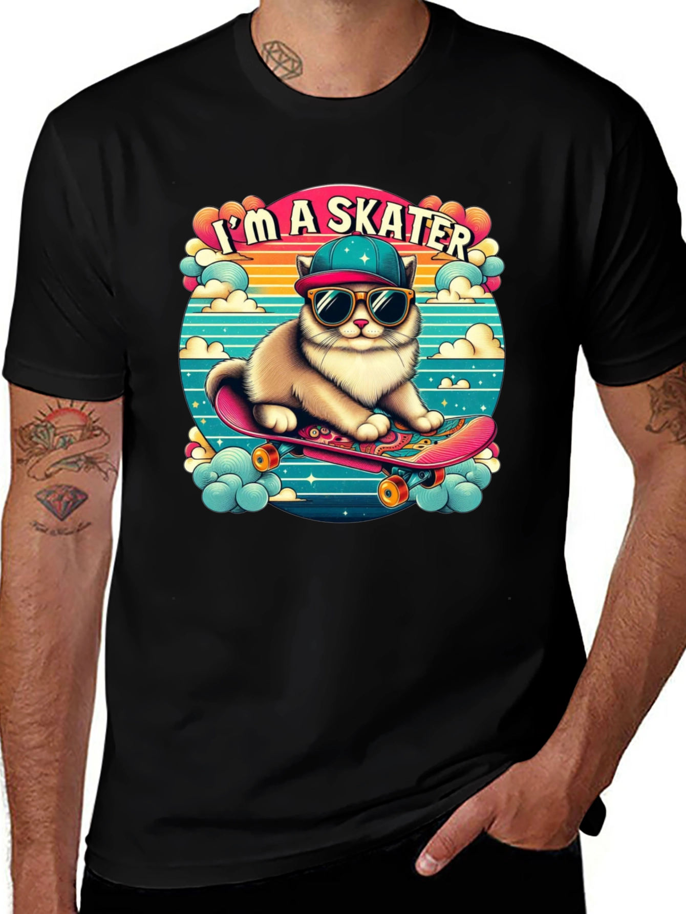Skater Cat Graphic Tee - Cool Kitten on Skateboard!