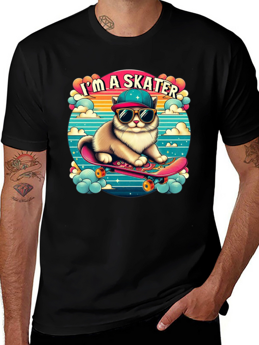 Skater Cat Graphic Tee - Cool Kitten on Skateboard!