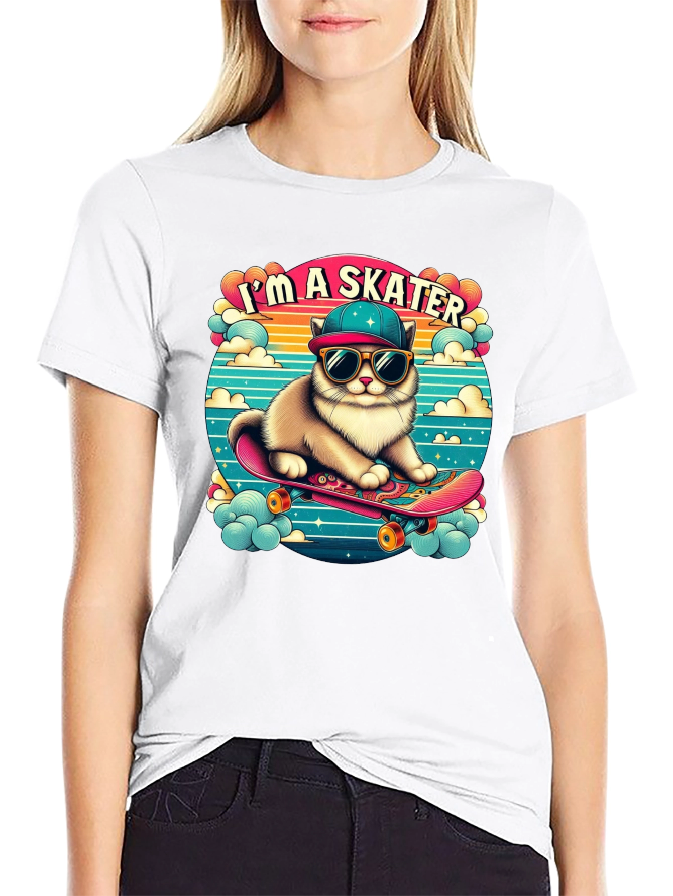 Skater Cat Graphic Tee - Cool Kitten on Skateboard!