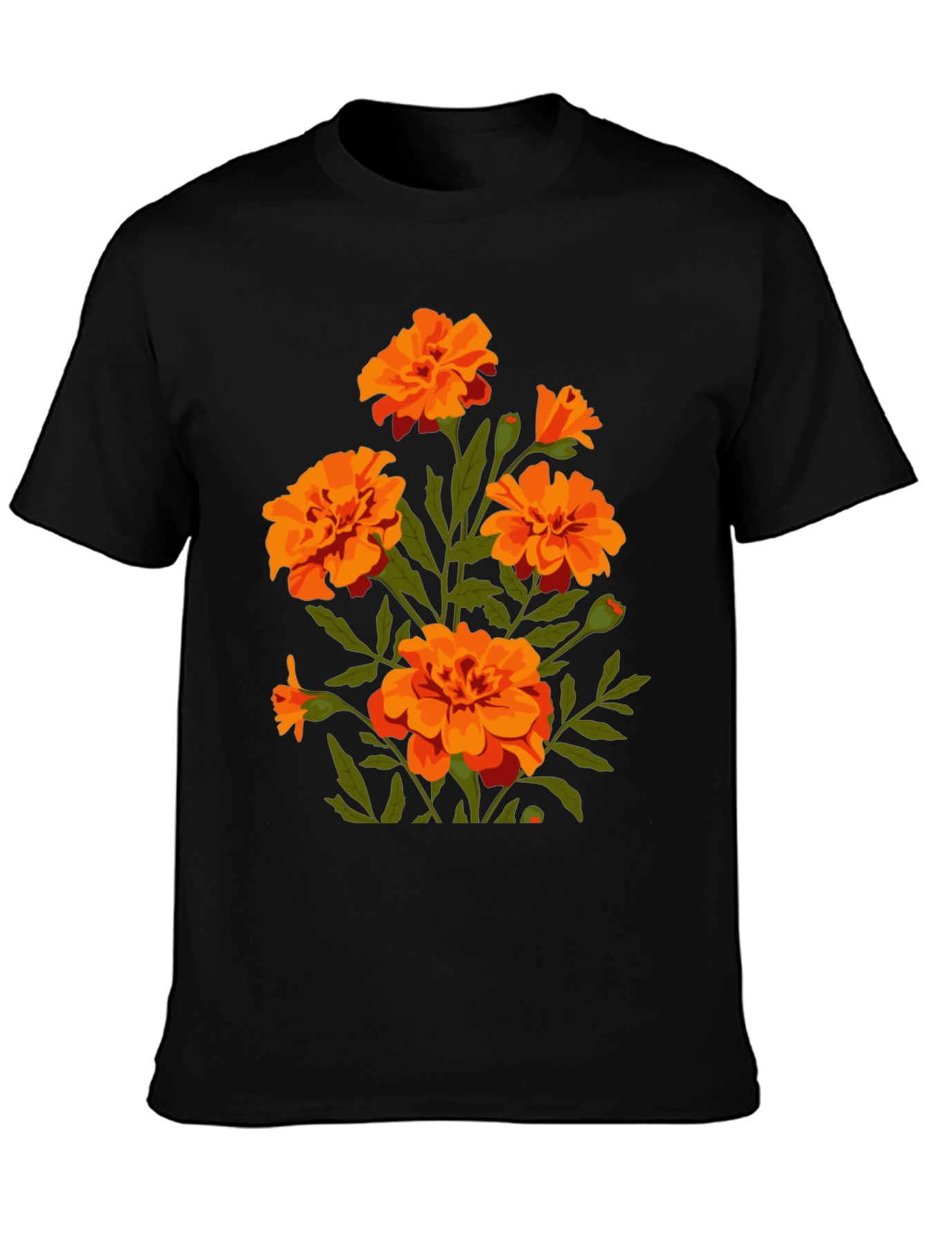 Black T-Shirt with Orange Flower Graphic Print