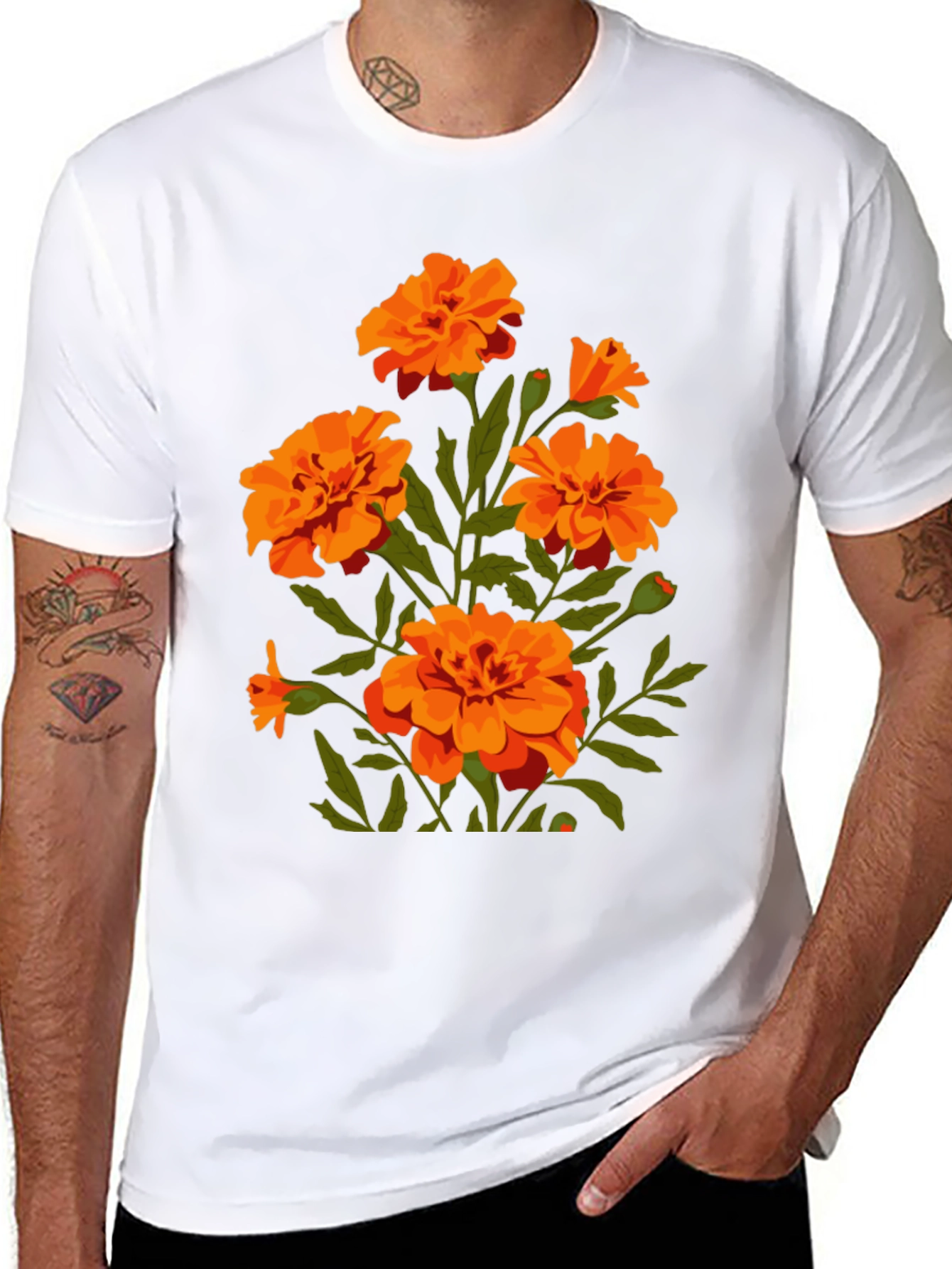 Black T-Shirt with Orange Flower Graphic Print