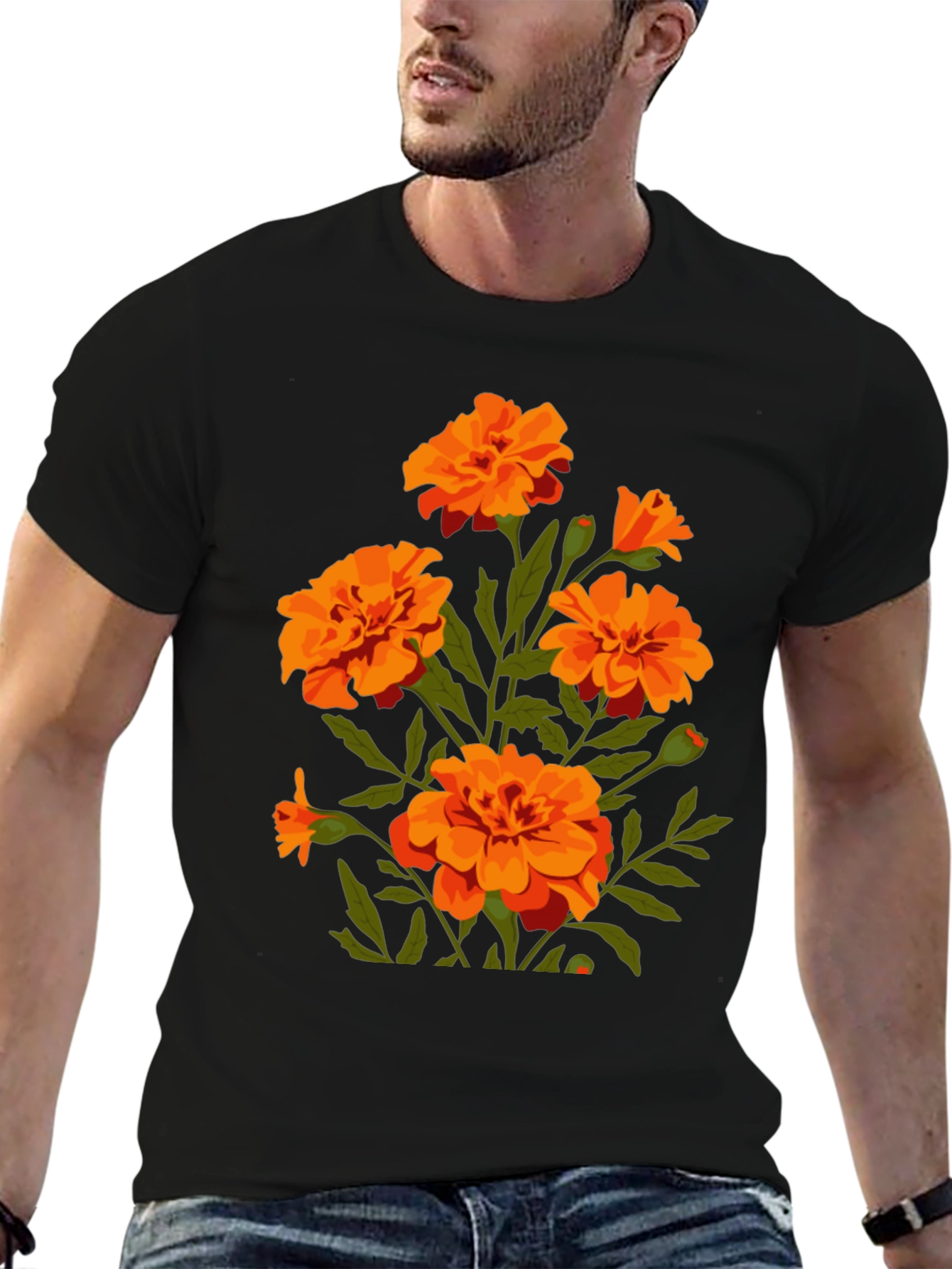 Black T-Shirt with Orange Flower Graphic Print
