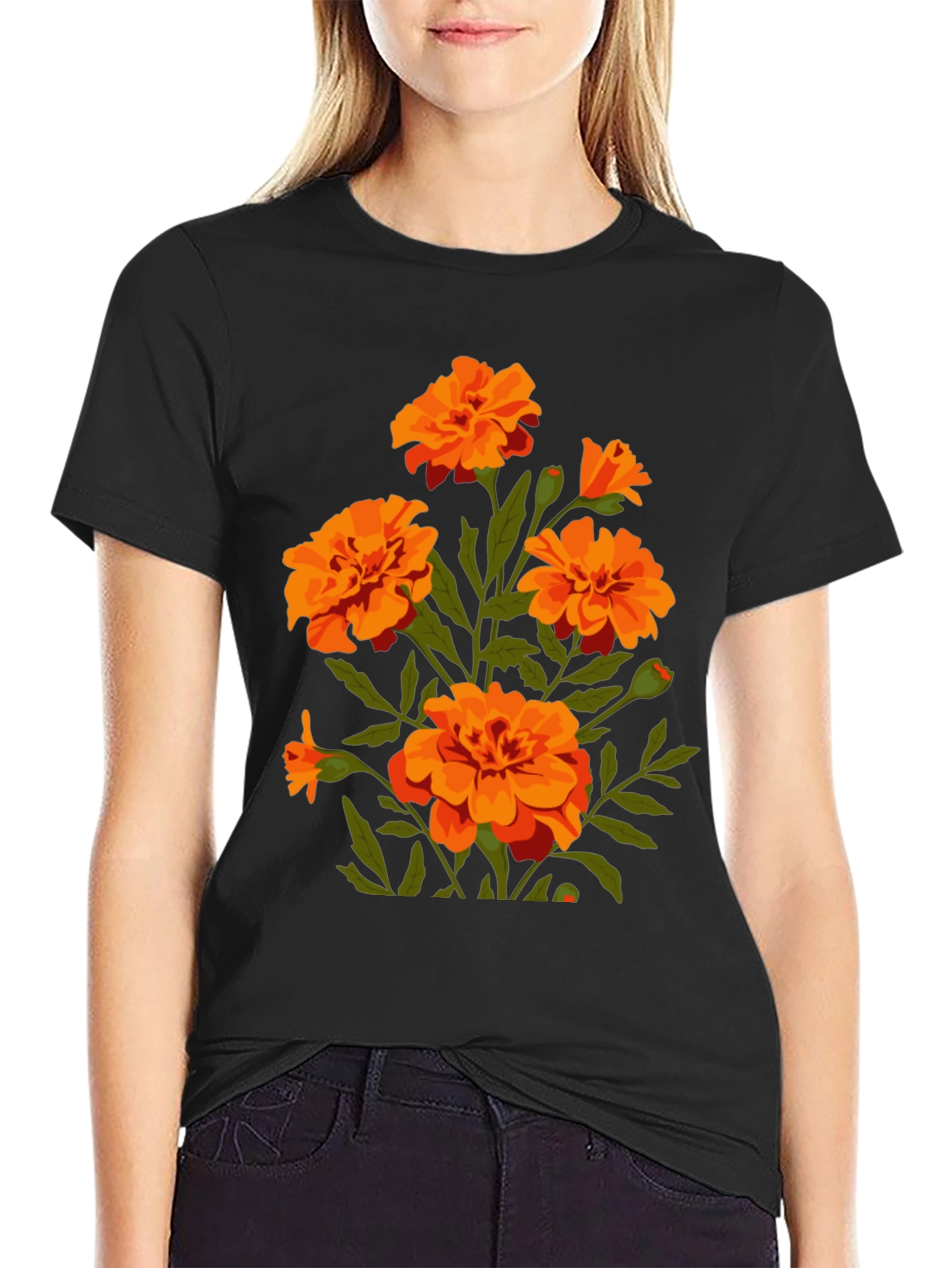 Black T-Shirt with Orange Flower Graphic Print
