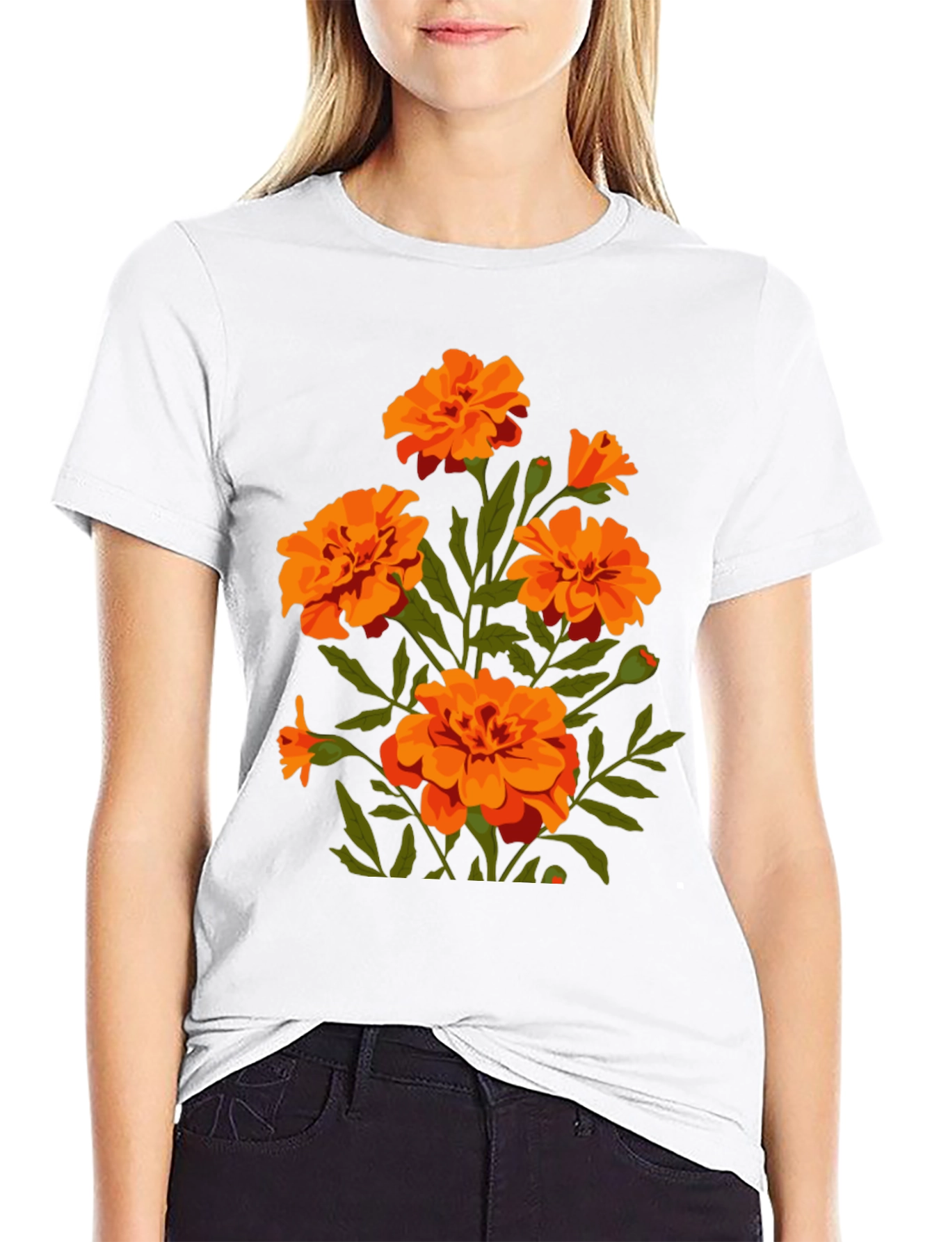 Black T-Shirt with Orange Flower Graphic Print