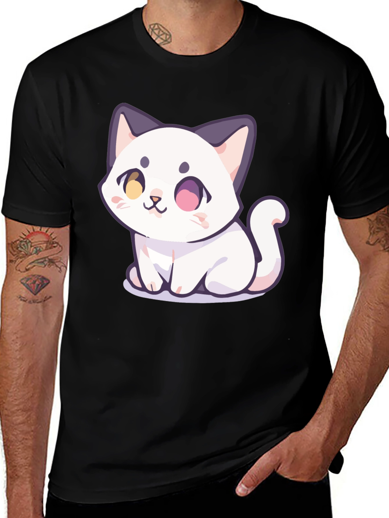 Cute Cartoon Cat Graphic T-Shirt - Black