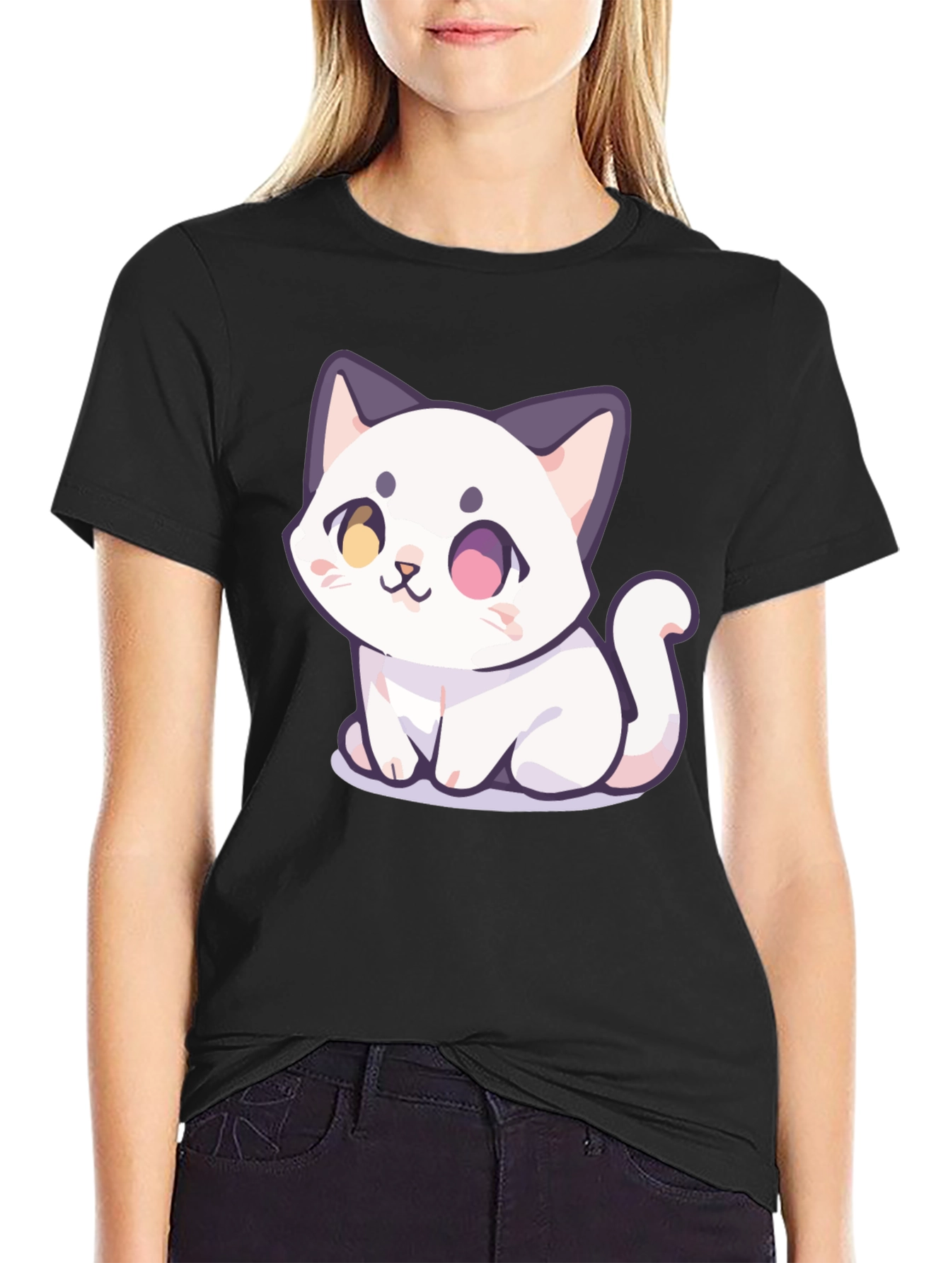Cute Cartoon Cat Graphic T-Shirt - Black