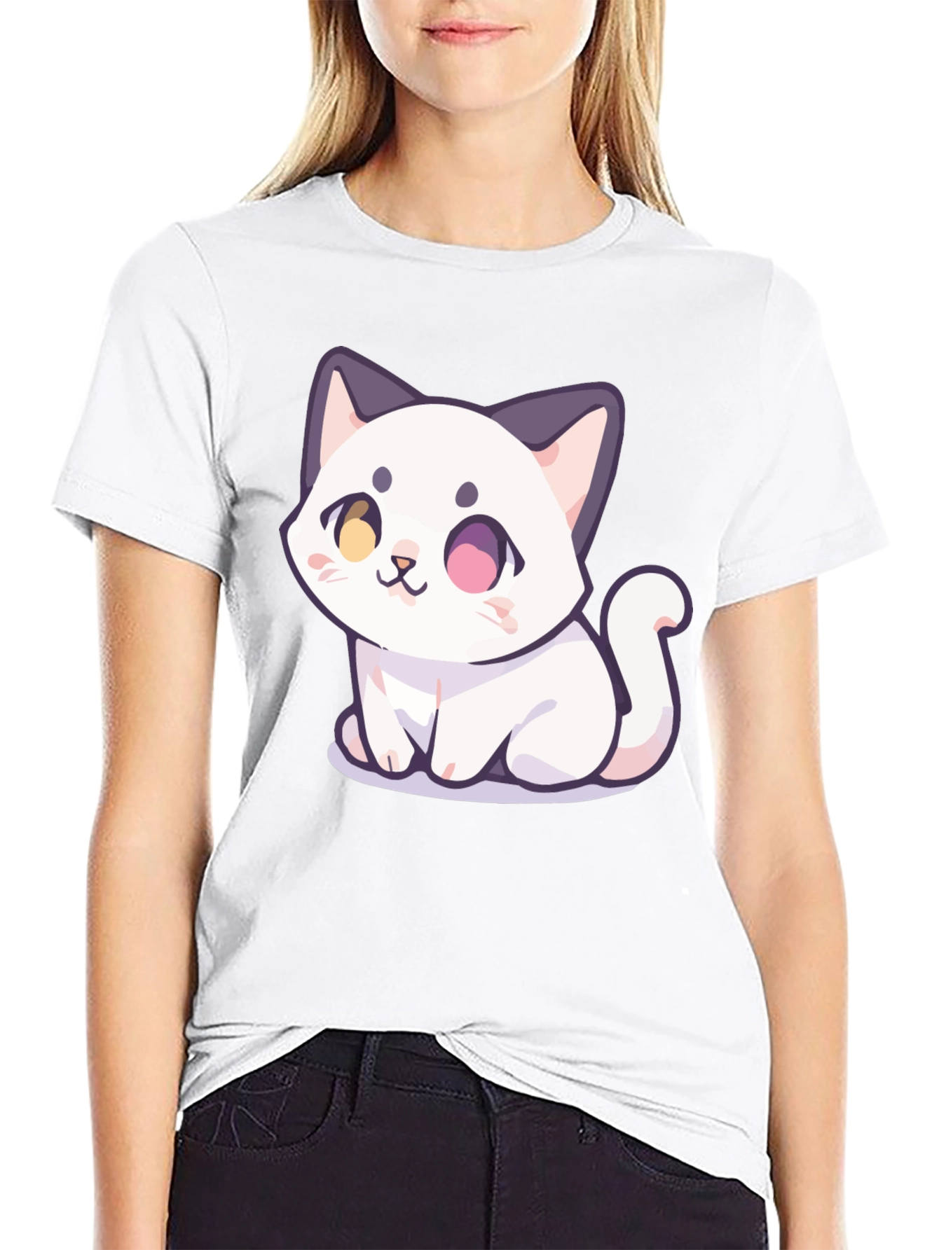 Cute Cartoon Cat Graphic T-Shirt - Black
