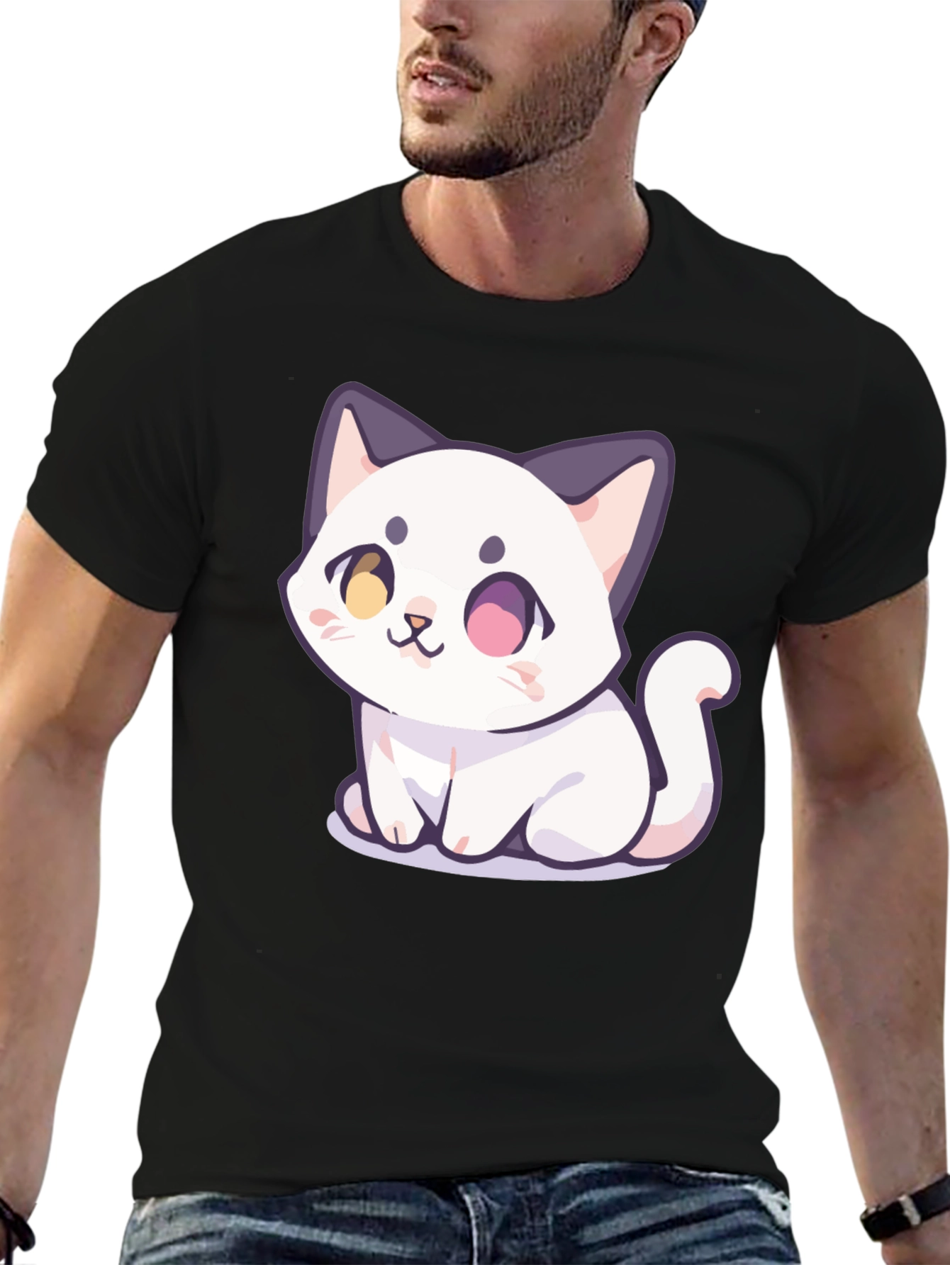 Cute Cartoon Cat Graphic T-Shirt - Black