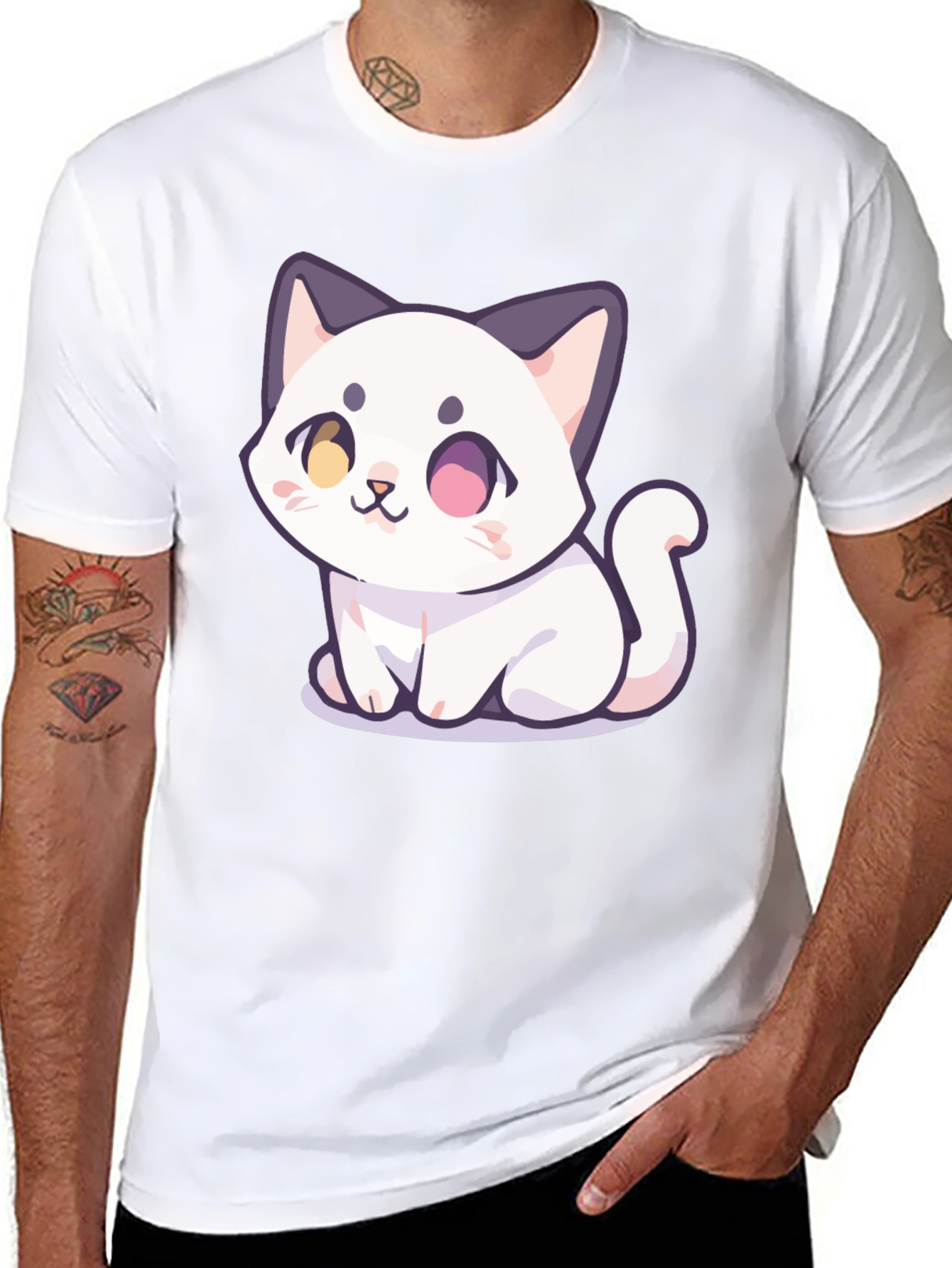 Cute Cartoon Cat Graphic T-Shirt - Black