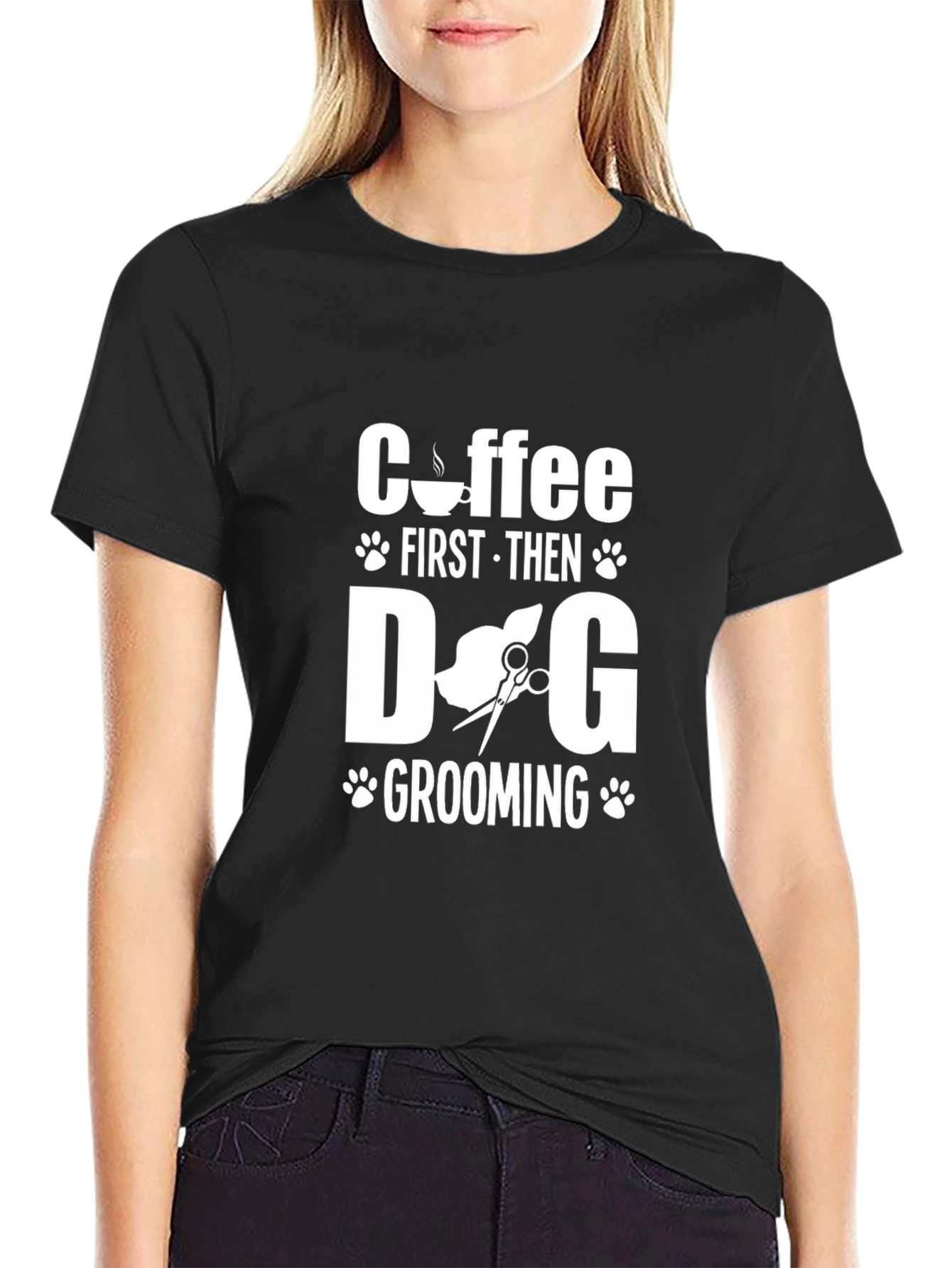 Coffee First Then Dog Grooming T-Shirt - Black