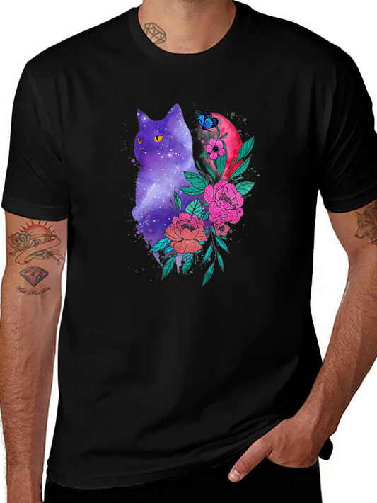 Cosmic Cat Floral Tee - Black Cotton Comfort