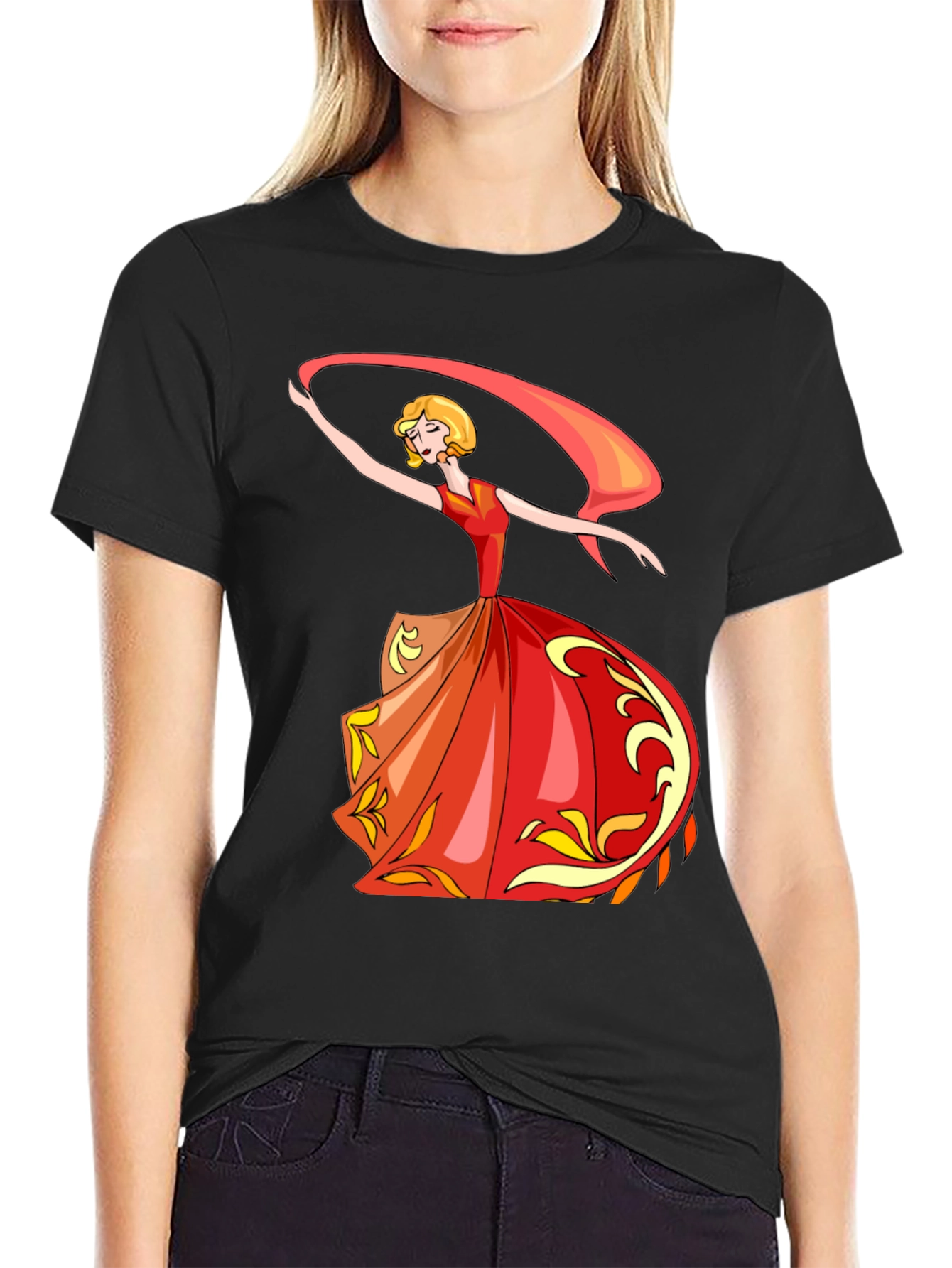 Elegant Dancer Graphic Tee - Black Cotton T-Shirt