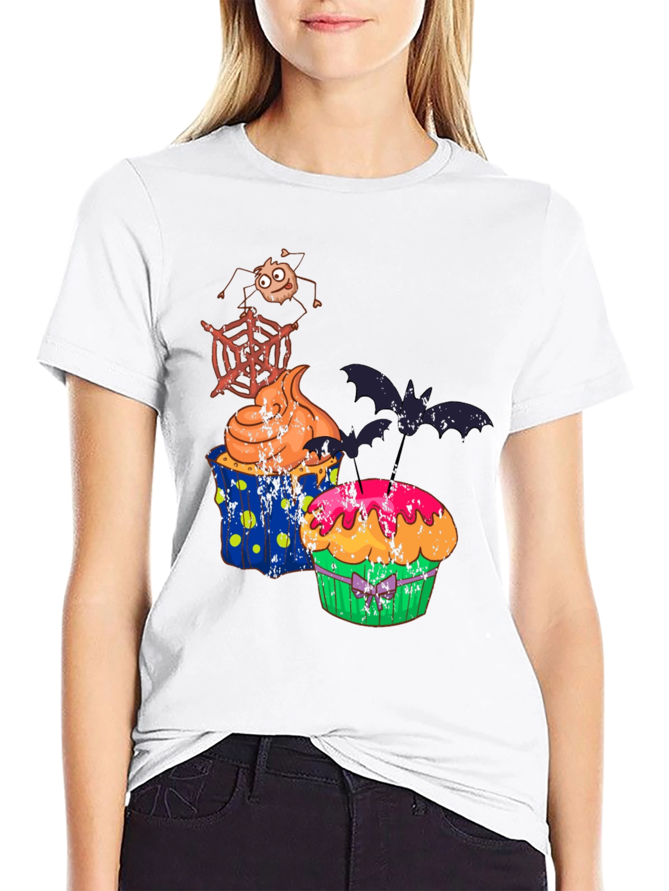 Halloween Cupcake T-Shirt Bat Spider Web Graphic Tee