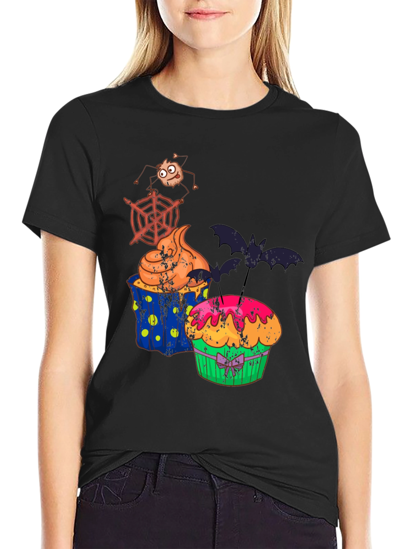 Halloween Cupcake T-Shirt Bat Spider Web Graphic Tee