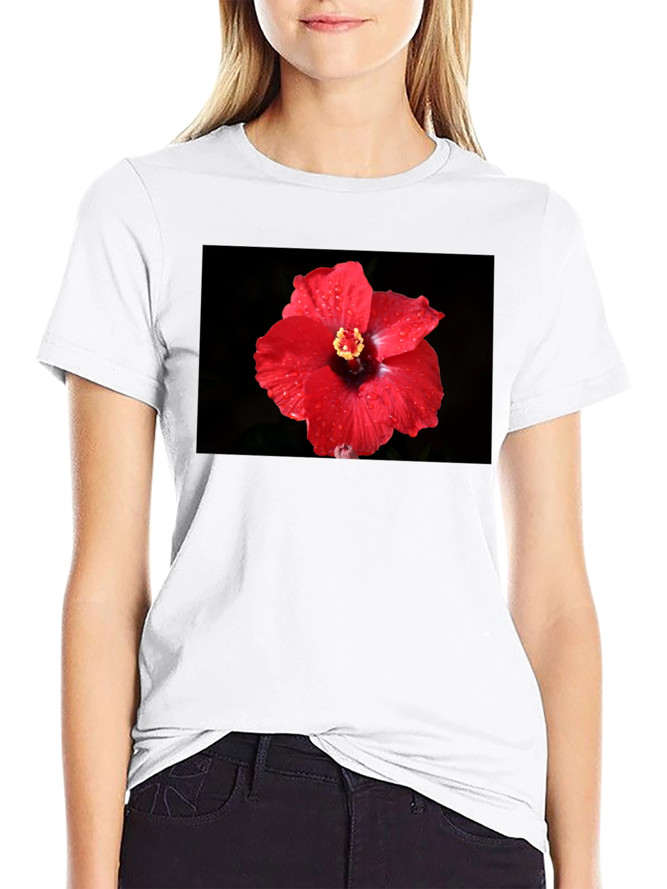 Red Hibiscus Flower T-Shirt - Black