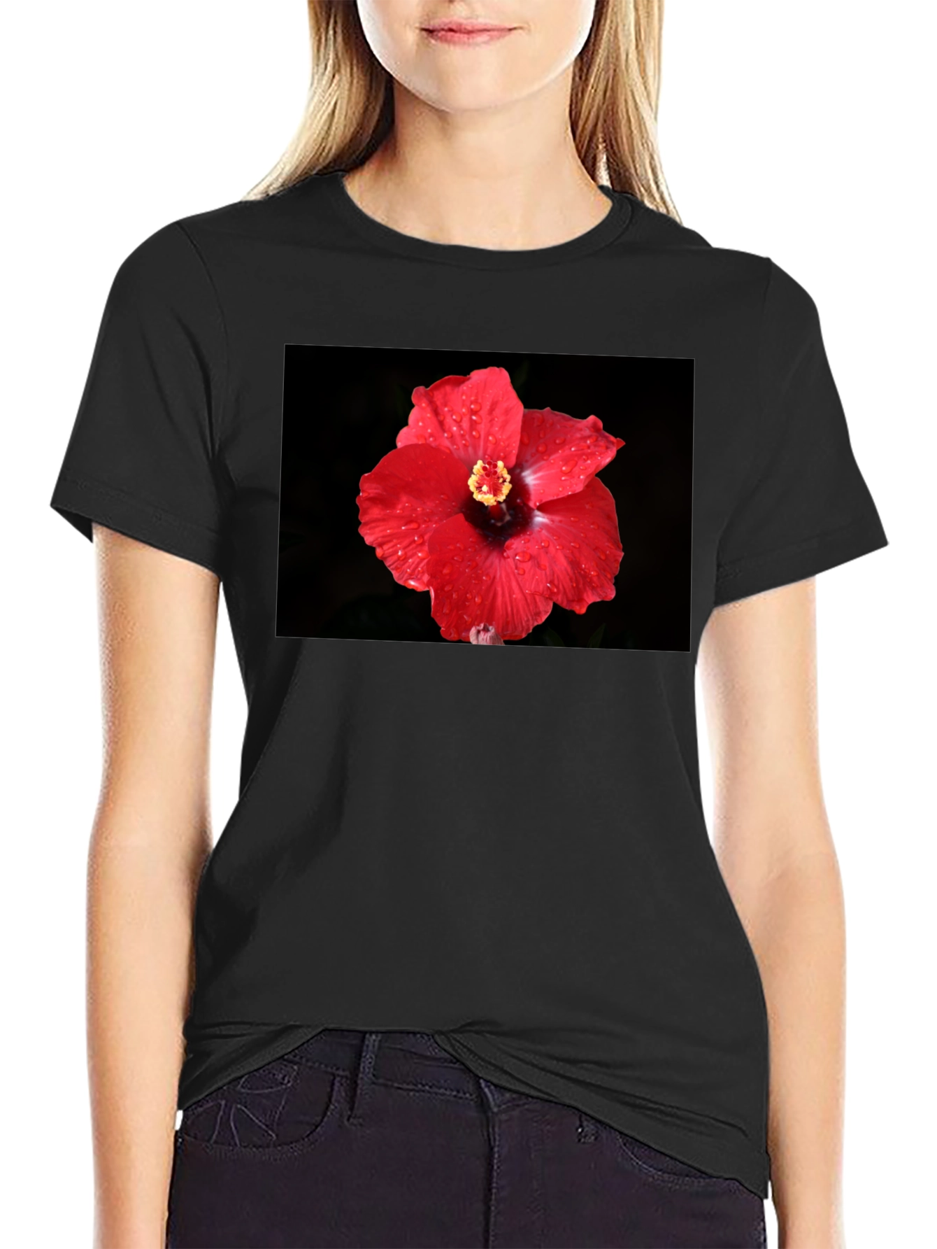 Red Hibiscus Flower T-Shirt - Black