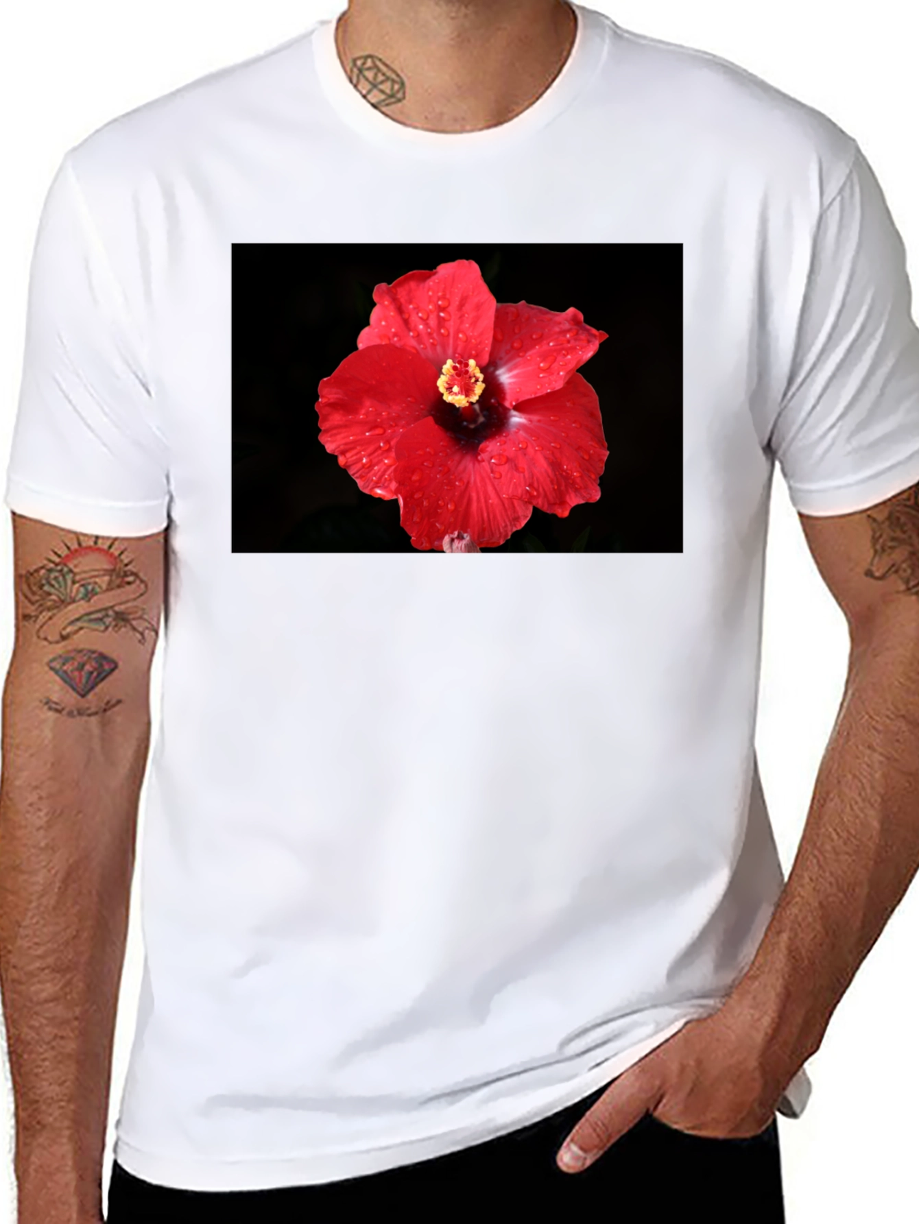 Red Hibiscus Flower T-Shirt - Black