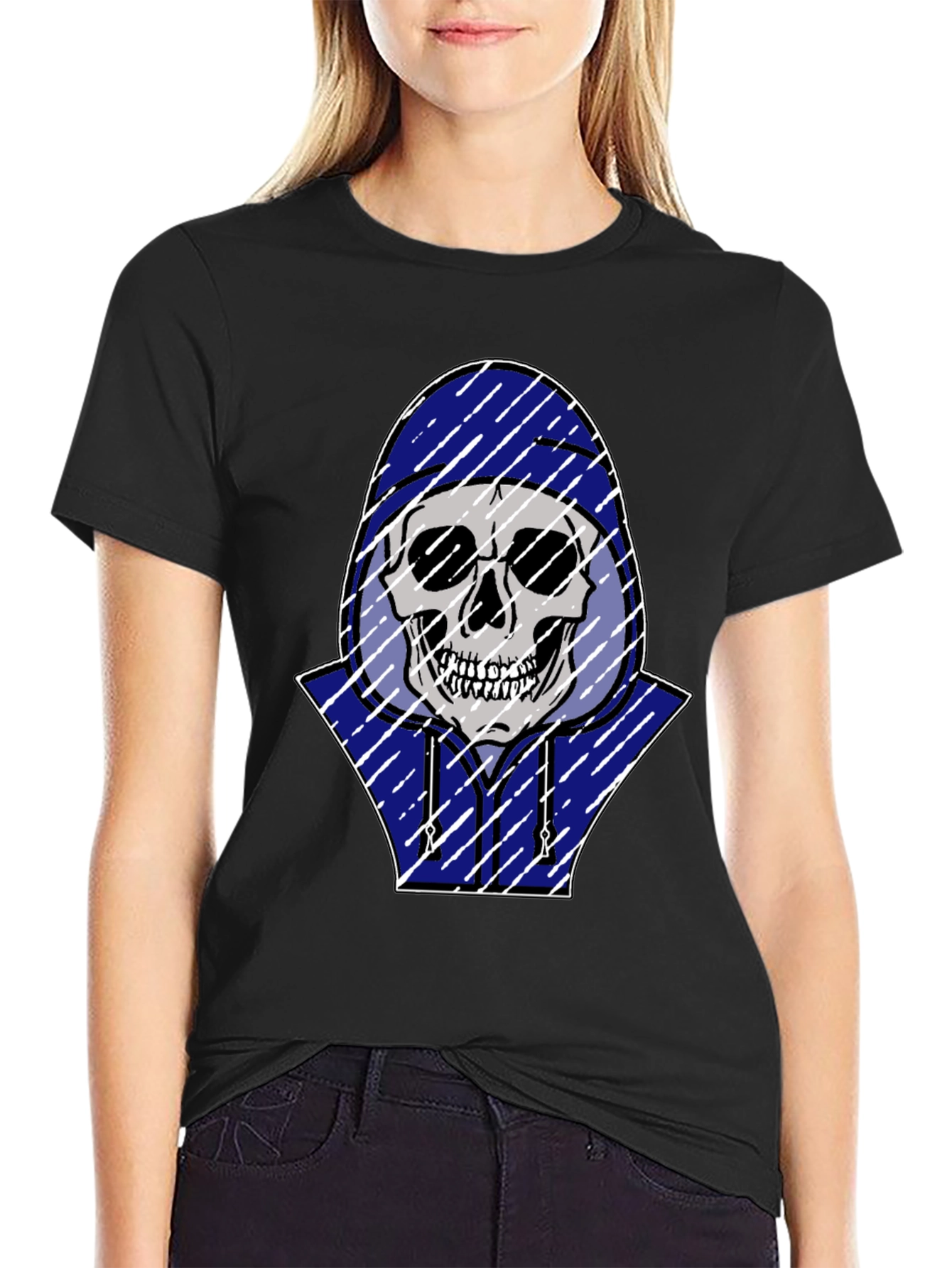 Skull in Hoodie Graphic Tee - Black