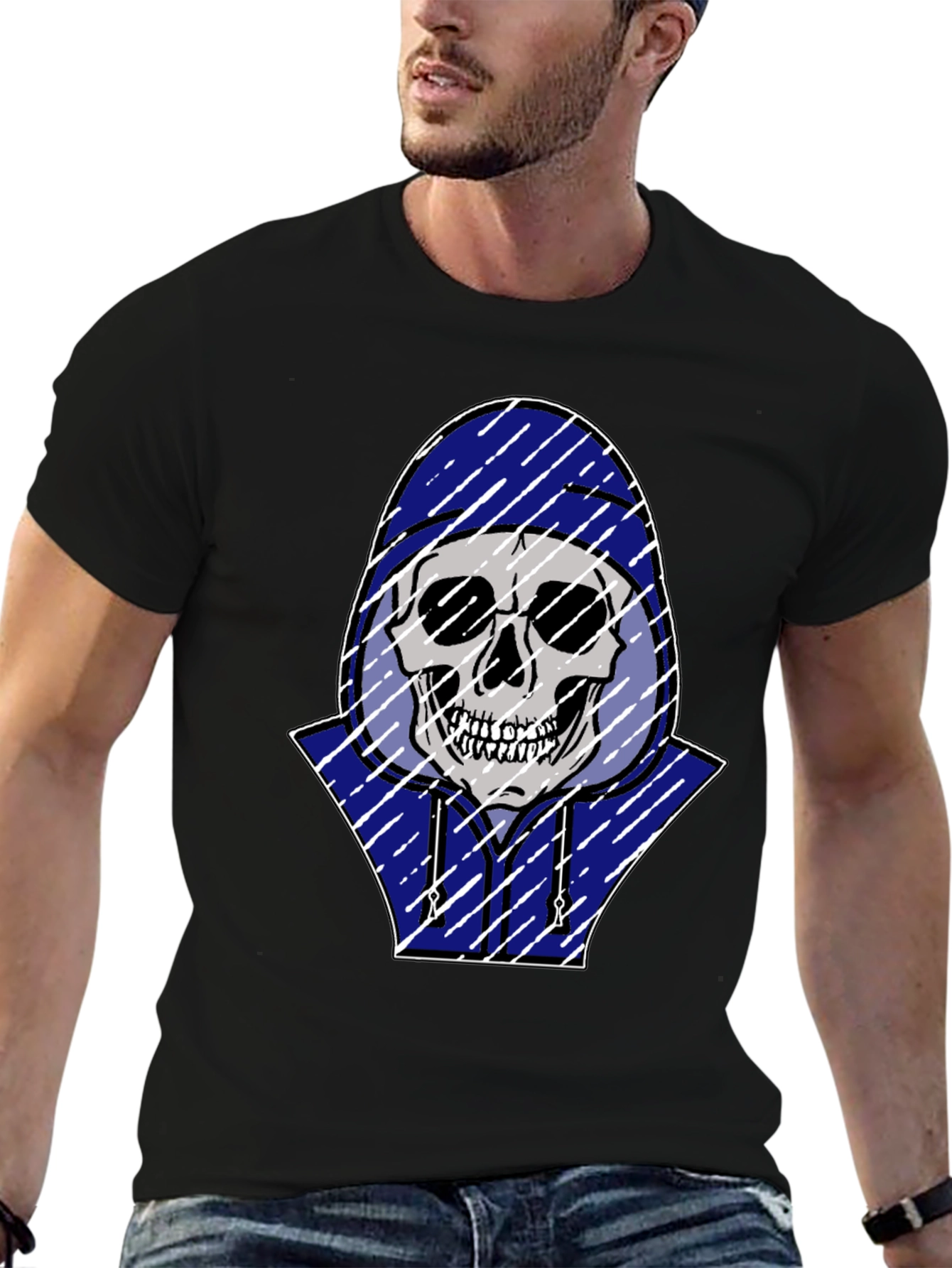 Skull in Hoodie Graphic Tee - Black