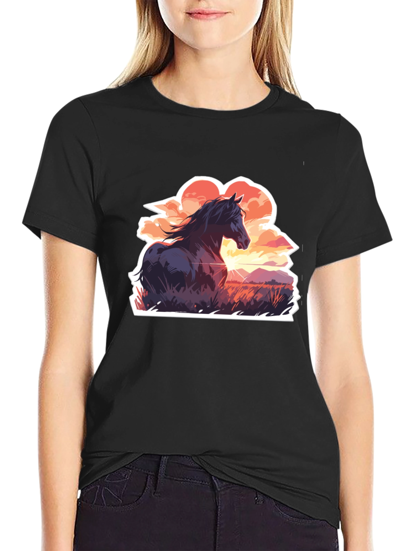 Horse Sunset Graphic Tee - Black Casual T-Shirt