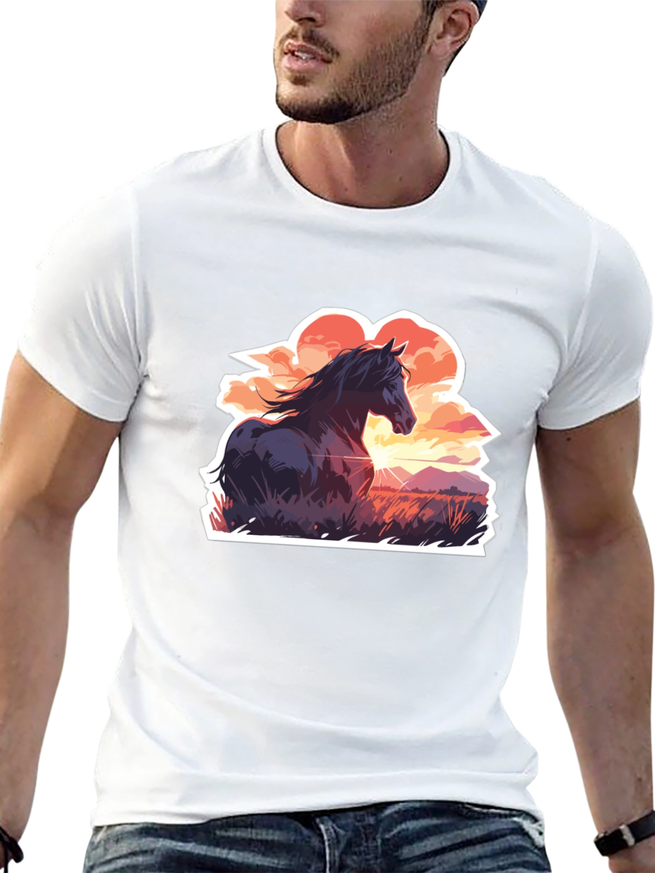 Horse Sunset Graphic Tee - Black Casual T-Shirt