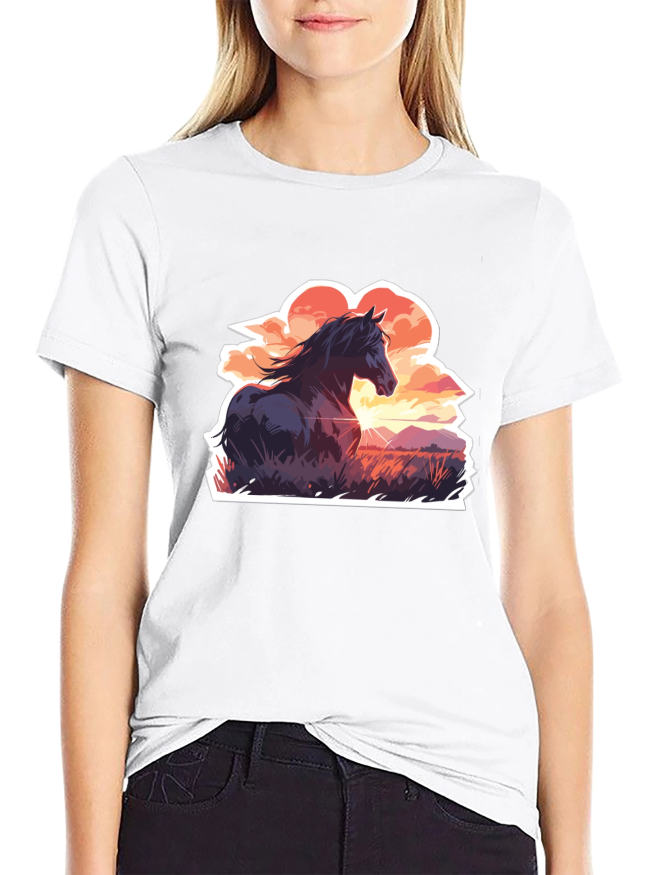 Horse Sunset Graphic Tee - Black Casual T-Shirt