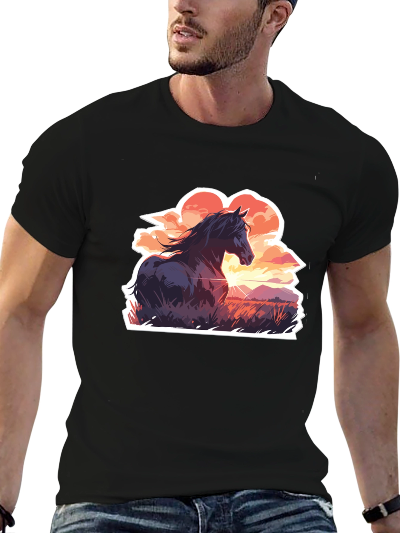 Horse Sunset Graphic Tee - Black Casual T-Shirt