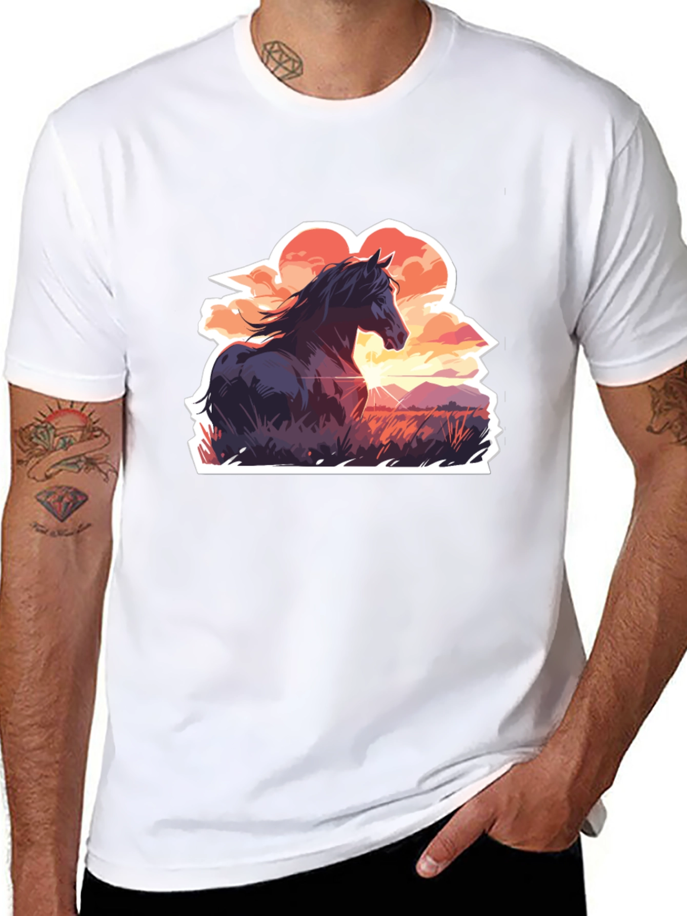 Horse Sunset Graphic Tee - Black Casual T-Shirt