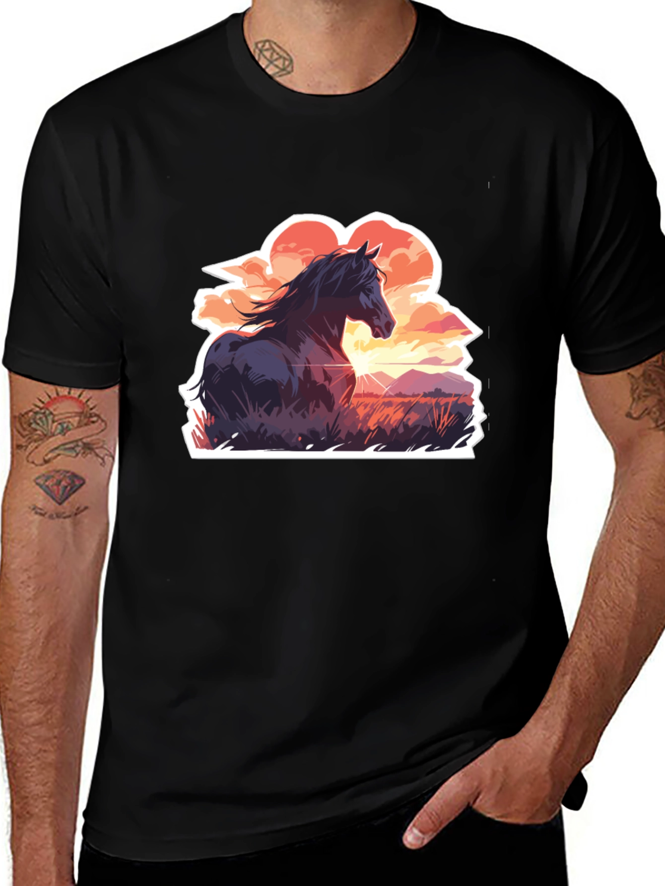 Horse Sunset Graphic Tee - Black Casual T-Shirt