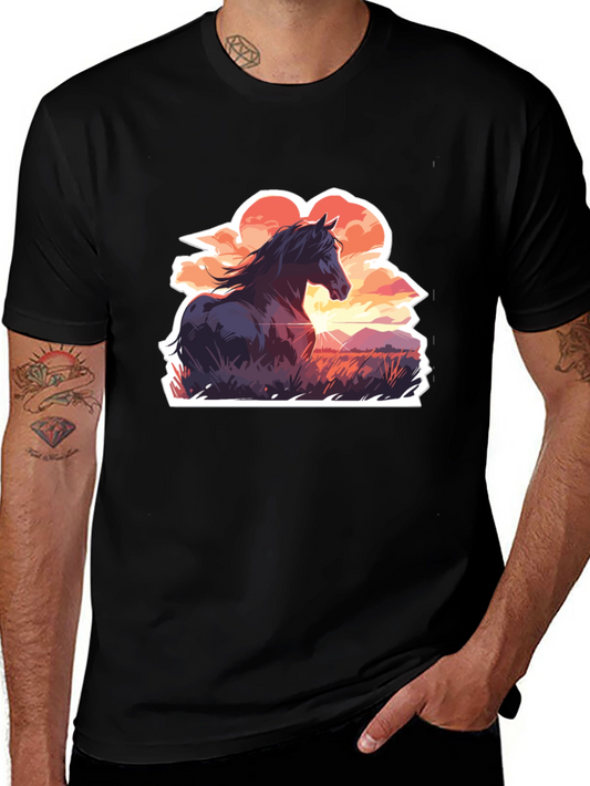 Horse Sunset Graphic Tee - Black Casual T-Shirt