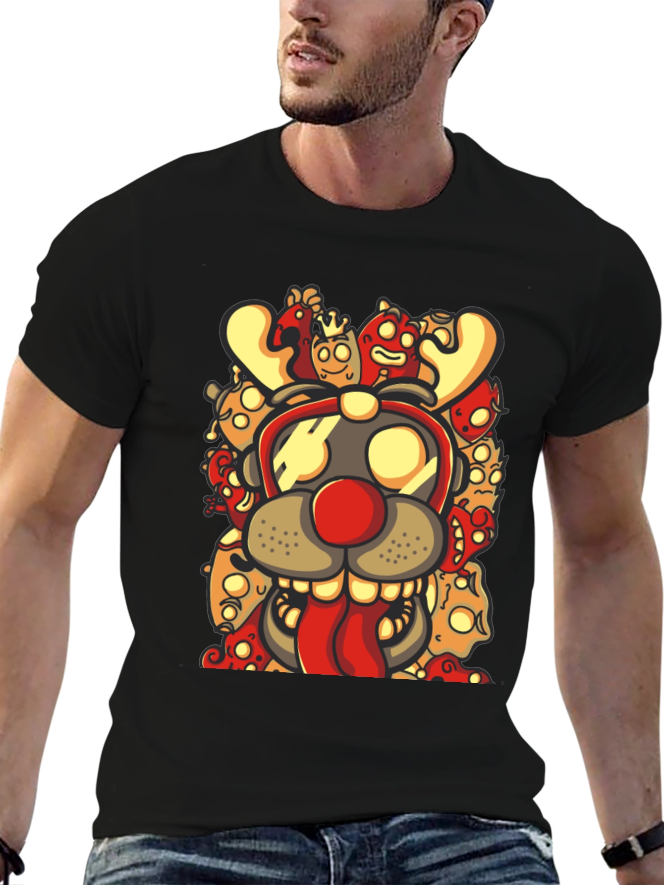 Cartoon Reindeer Graphic Black T-Shirt