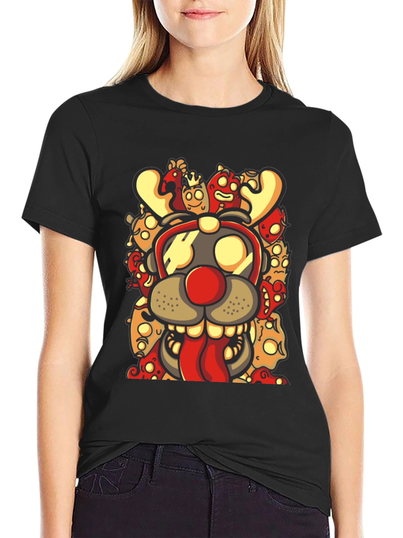 Cartoon Reindeer Graphic Black T-Shirt