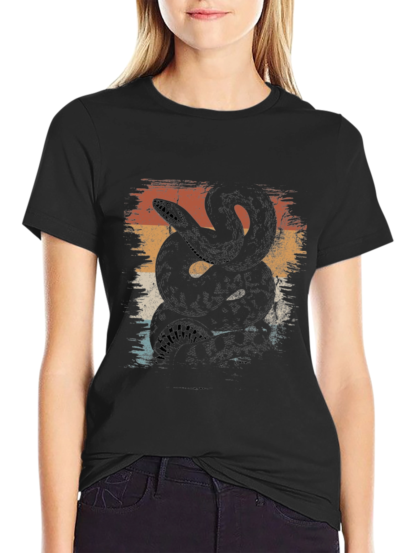 Retro Snake Graphic Tee - Black Cotton T-Shirt