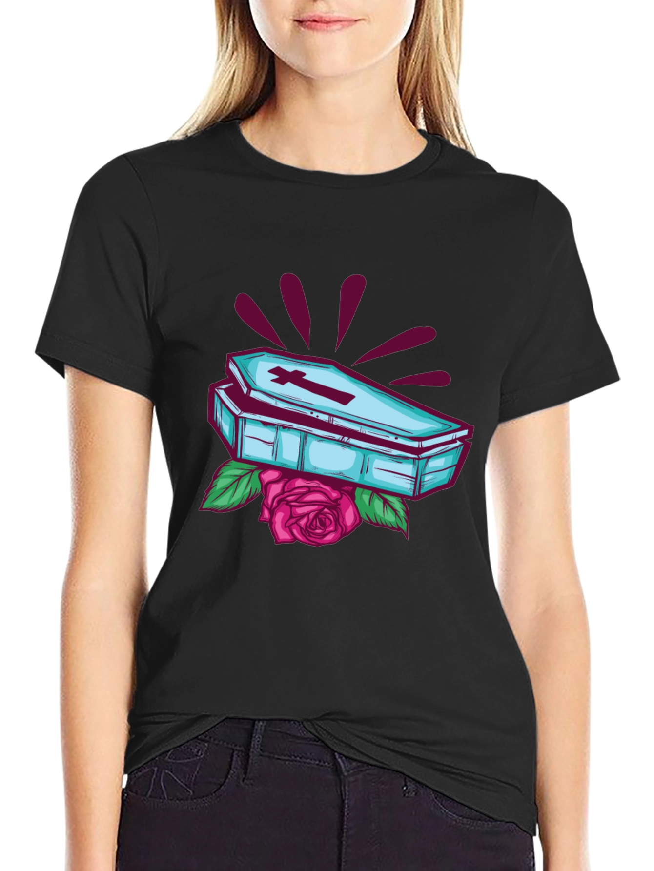 Gothic Coffin & Rose Graphic Tee - Black T-Shirt