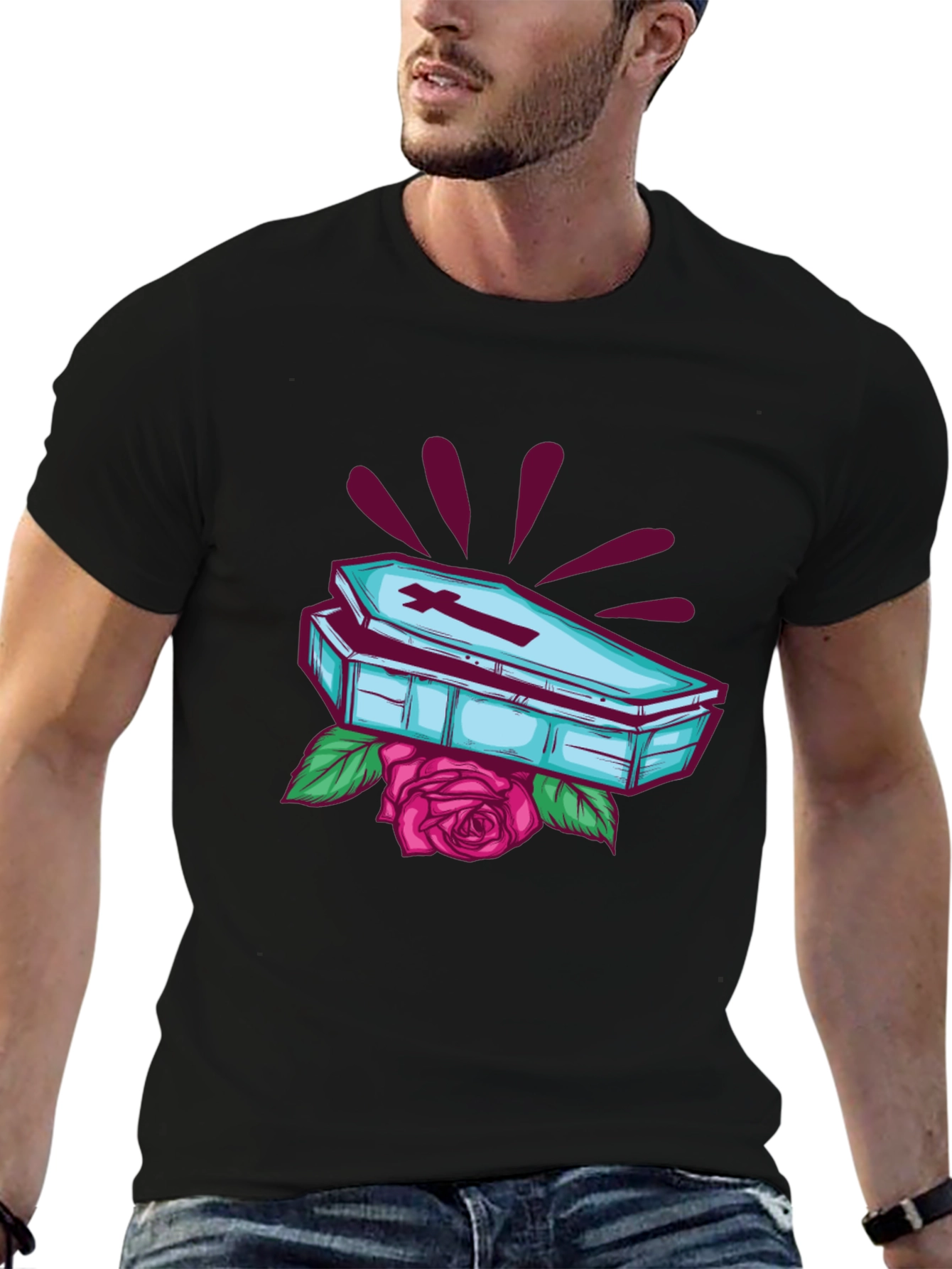 Gothic Coffin & Rose Graphic Tee - Black T-Shirt
