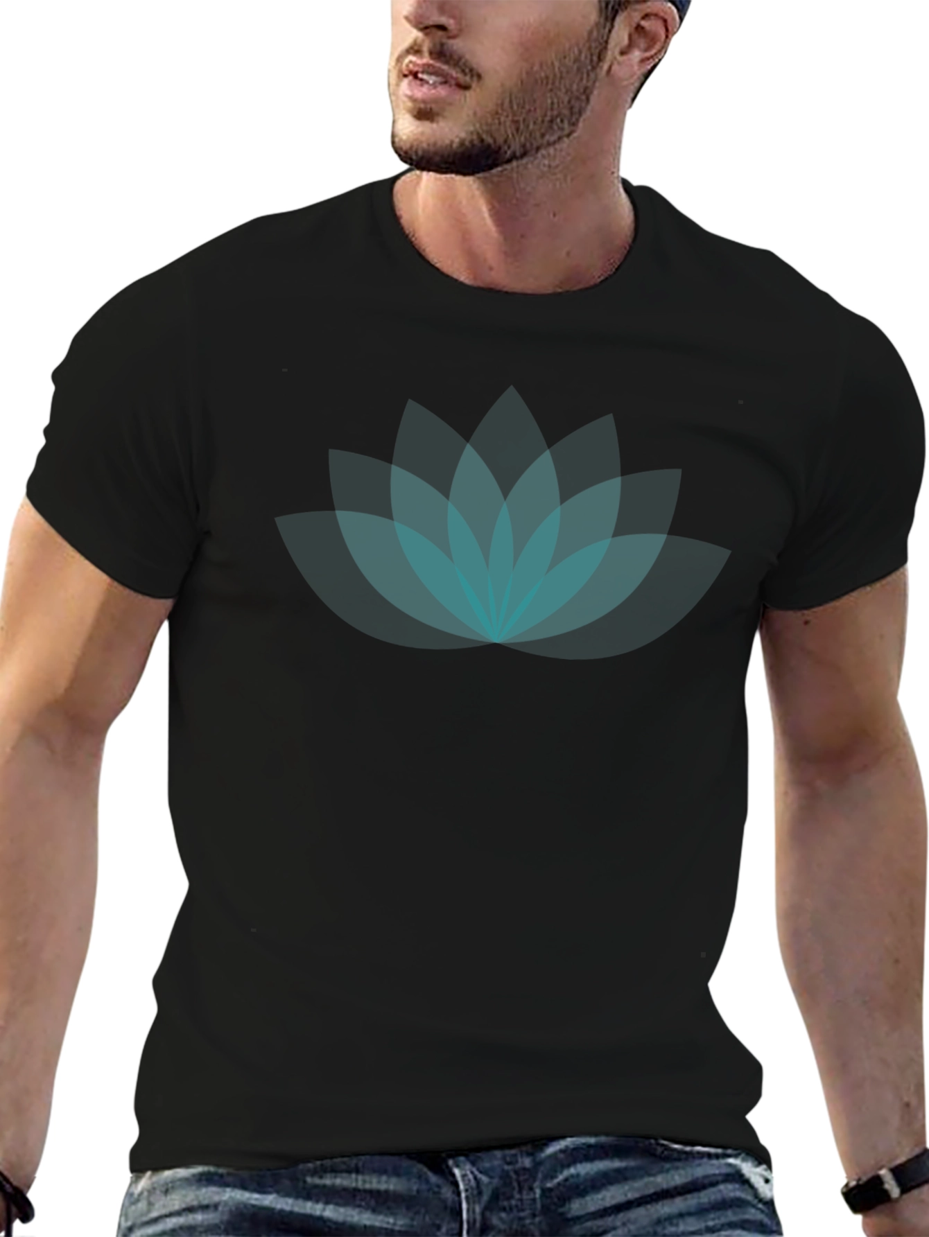 Lotus Flower Graphic T-Shirt - Teal on Black