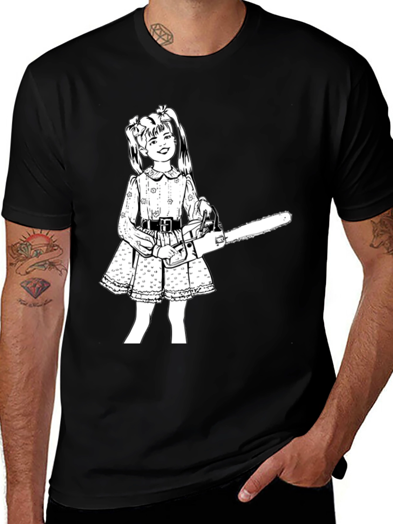 Creepy Cute Girl Chainsaw Black T-Shirt
