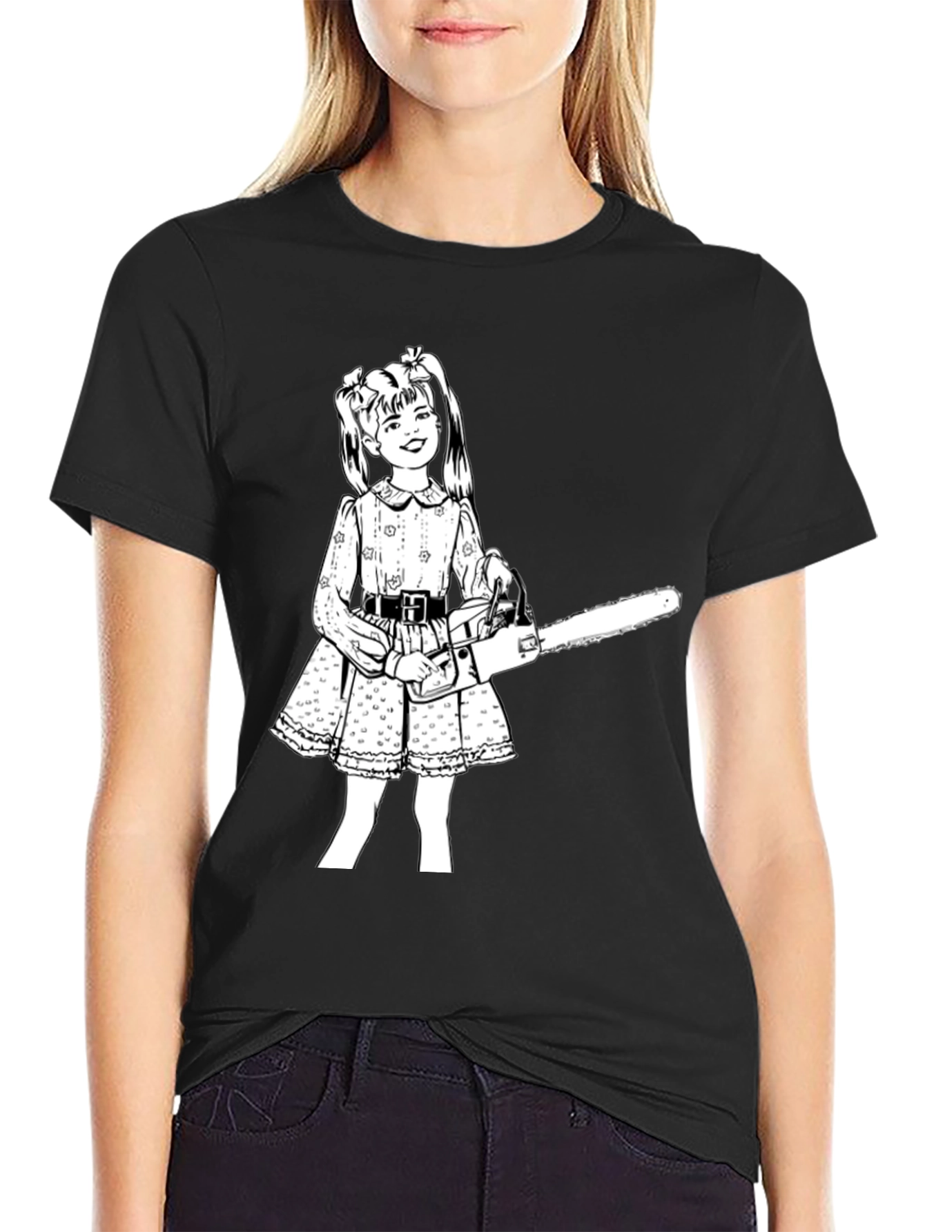 Creepy Cute Girl Chainsaw Black T-Shirt