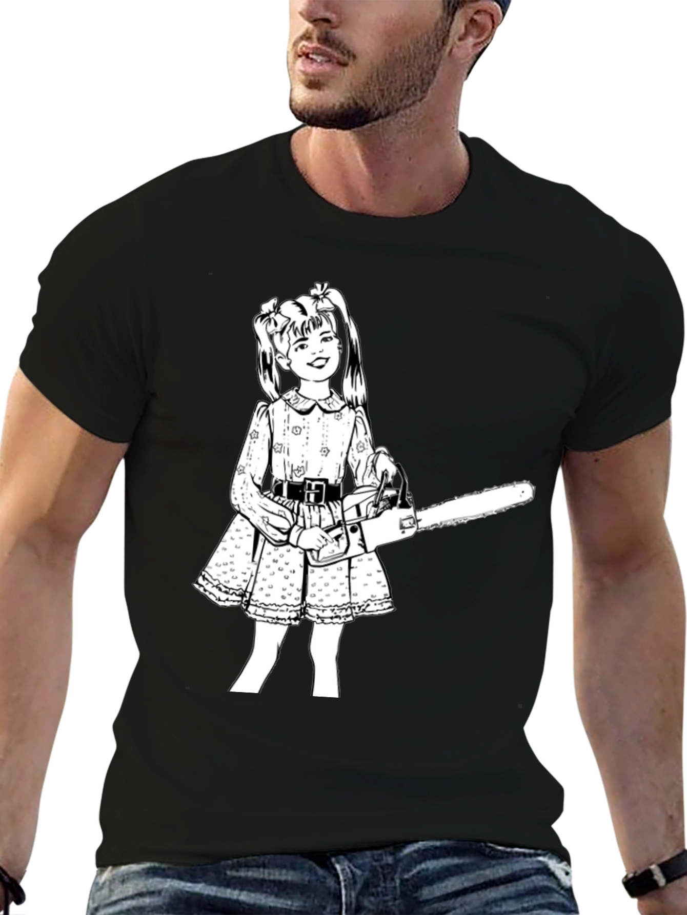 Creepy Cute Girl Chainsaw Black T-Shirt