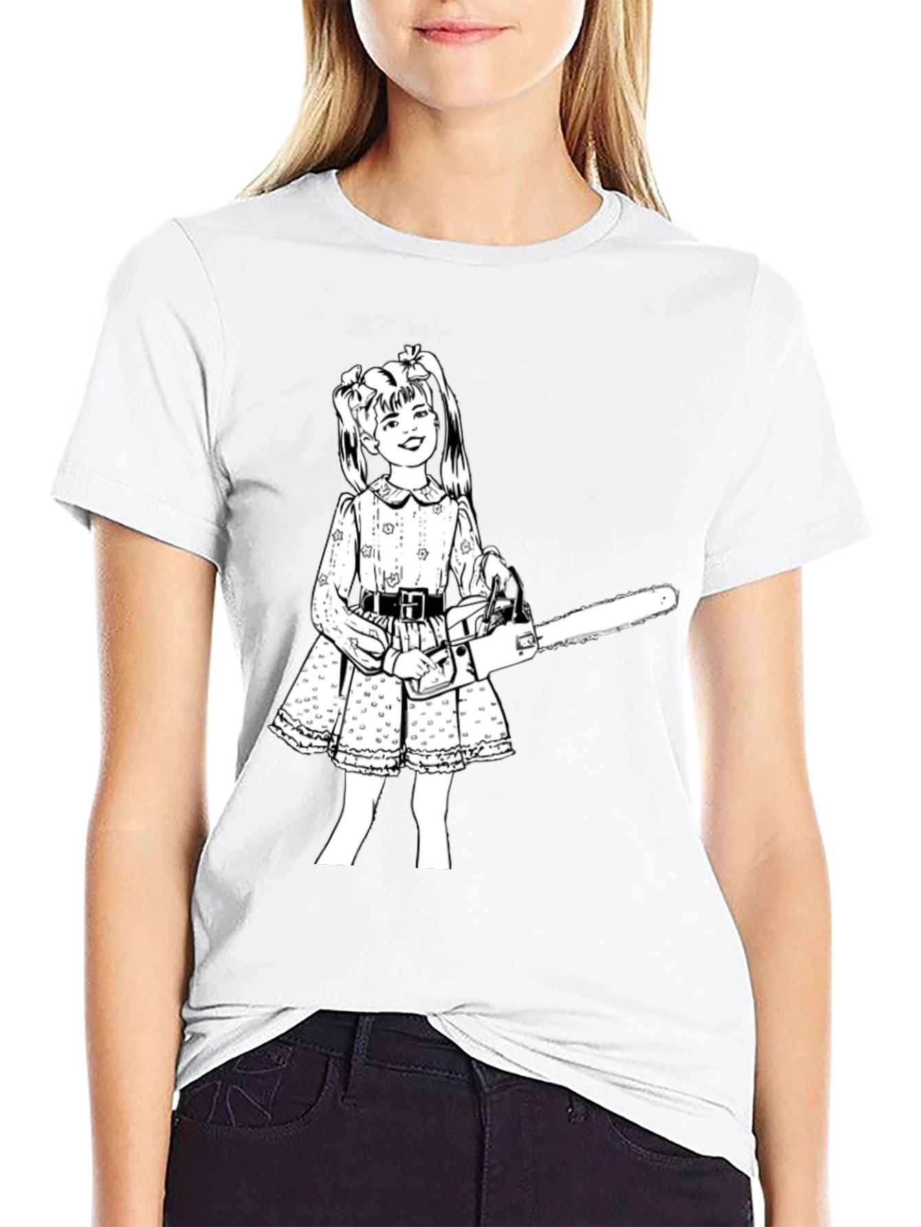 Creepy Cute Girl Chainsaw Black T-Shirt