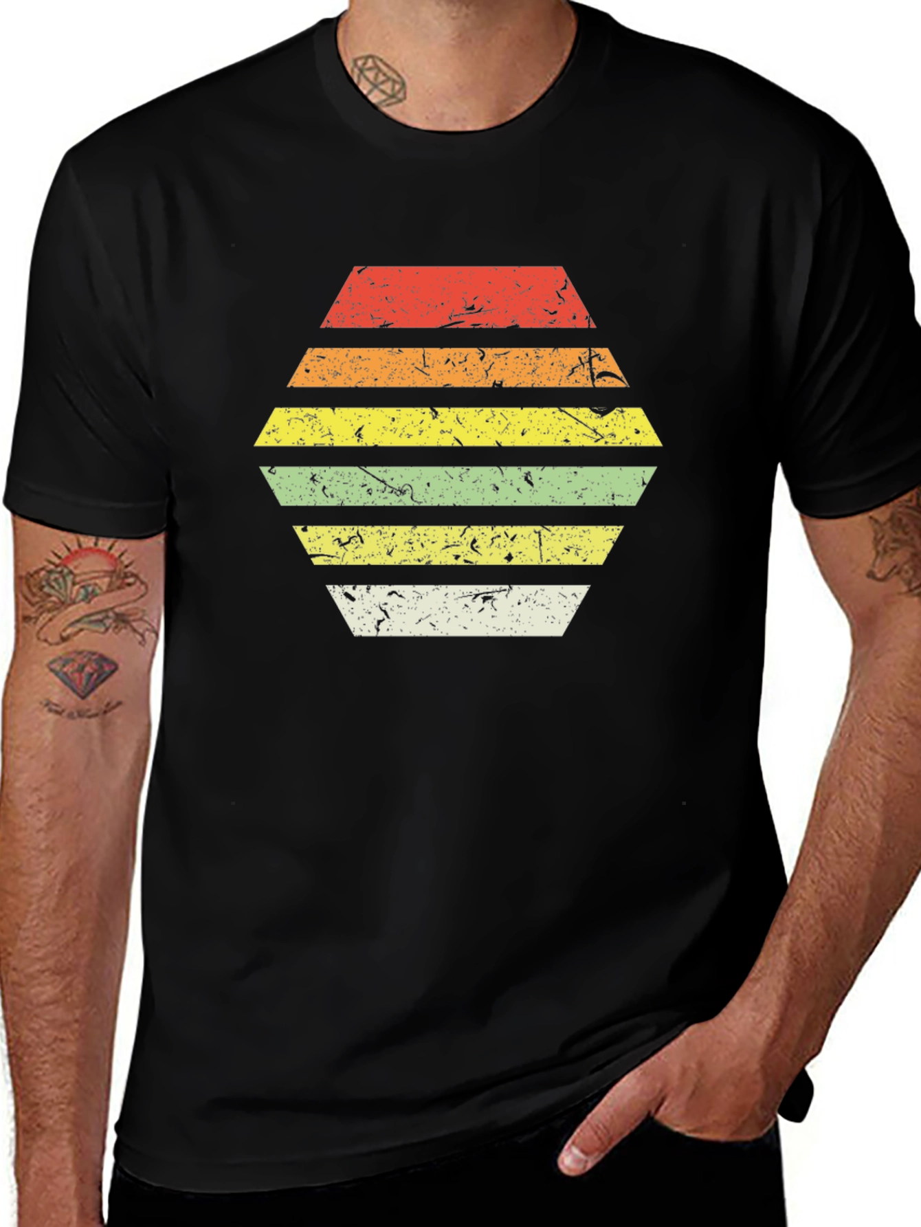 Retro Striped Hexagon Graphic Tee - Black